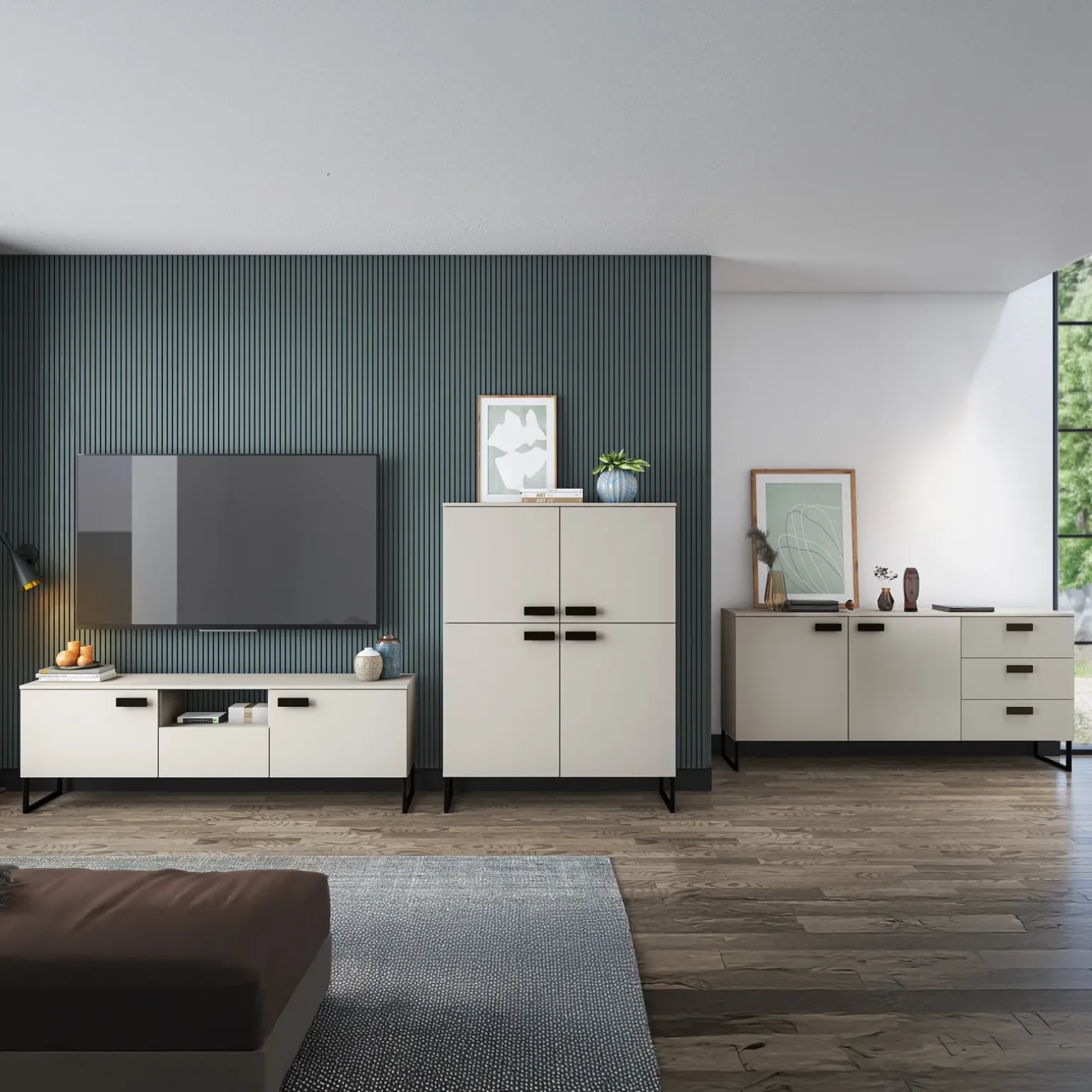 Credenza alta 108x144h cm 4 ante moderna beige cashmere nero Casmira
