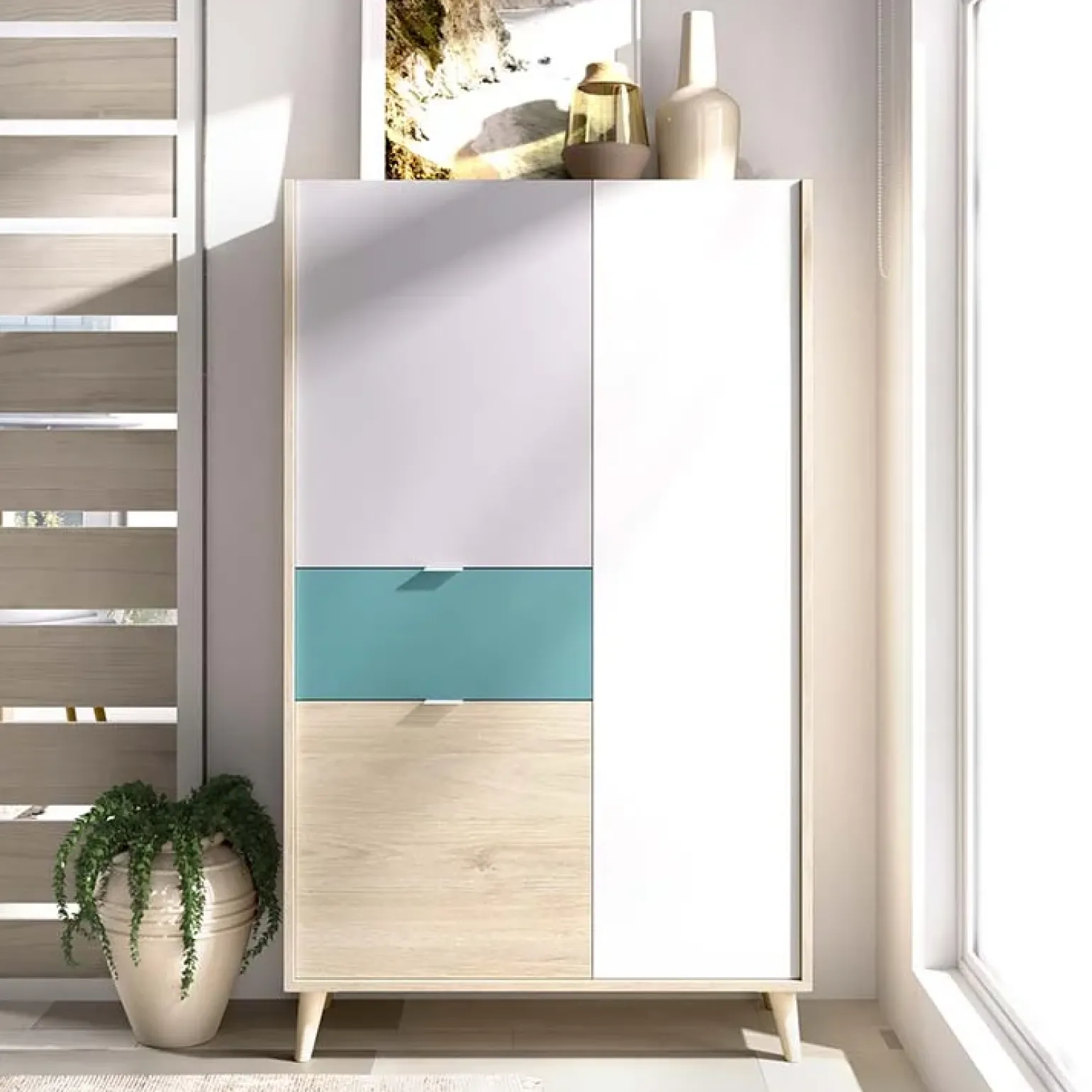 Credenza alta 80x137h cm 3 ante rovere grigio bianco petrolio Dominic