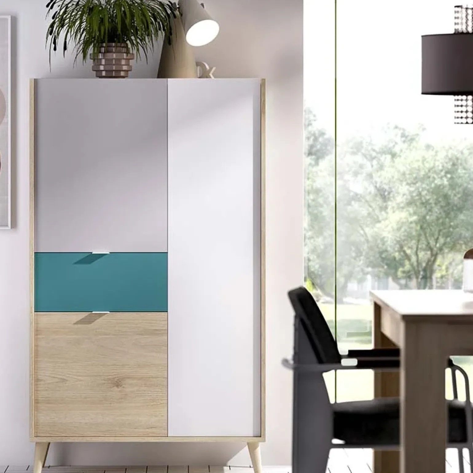 Credenza alta 80x137h cm 3 ante rovere grigio bianco petrolio Dominic