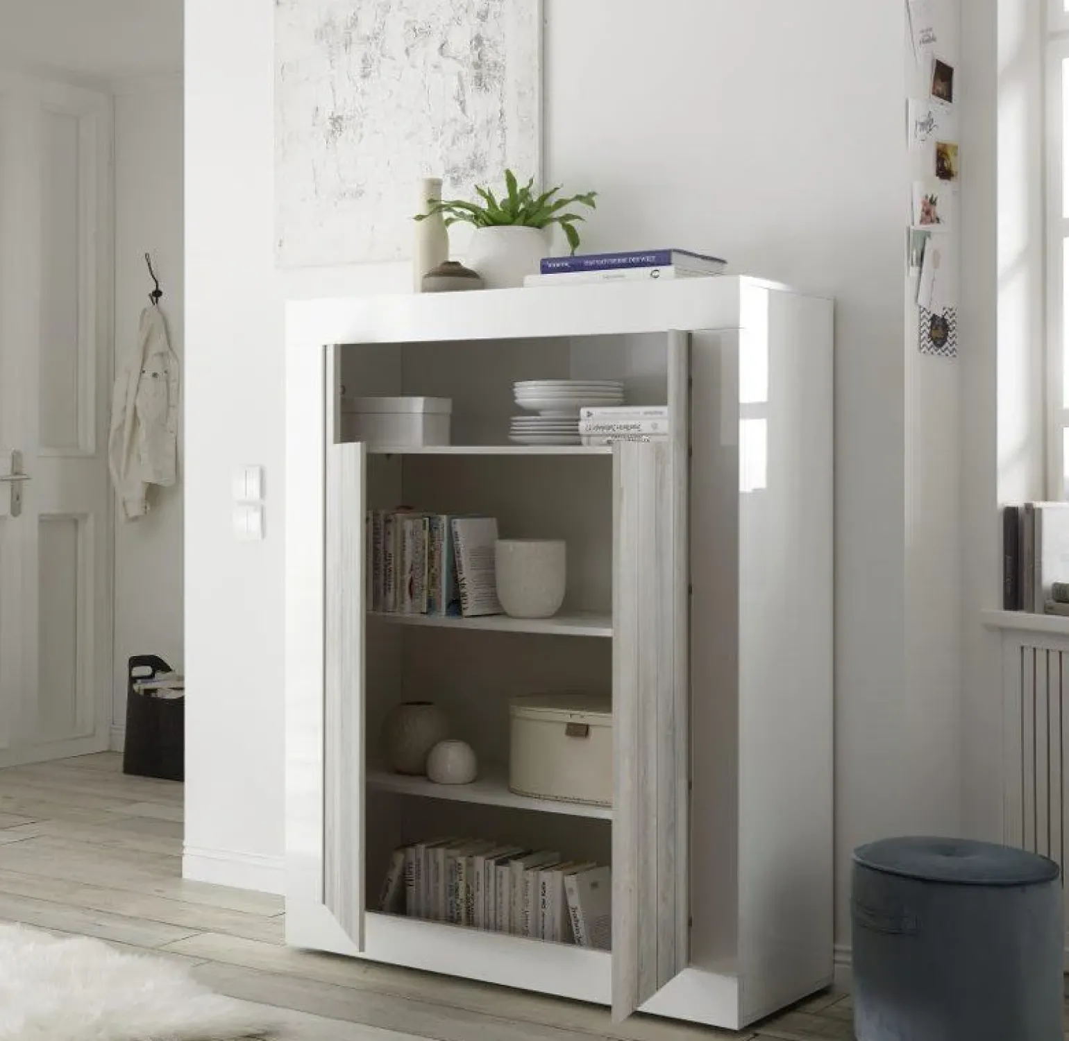 Credenza alta 110x144h cm 2 ante bianco lucido pino Florena