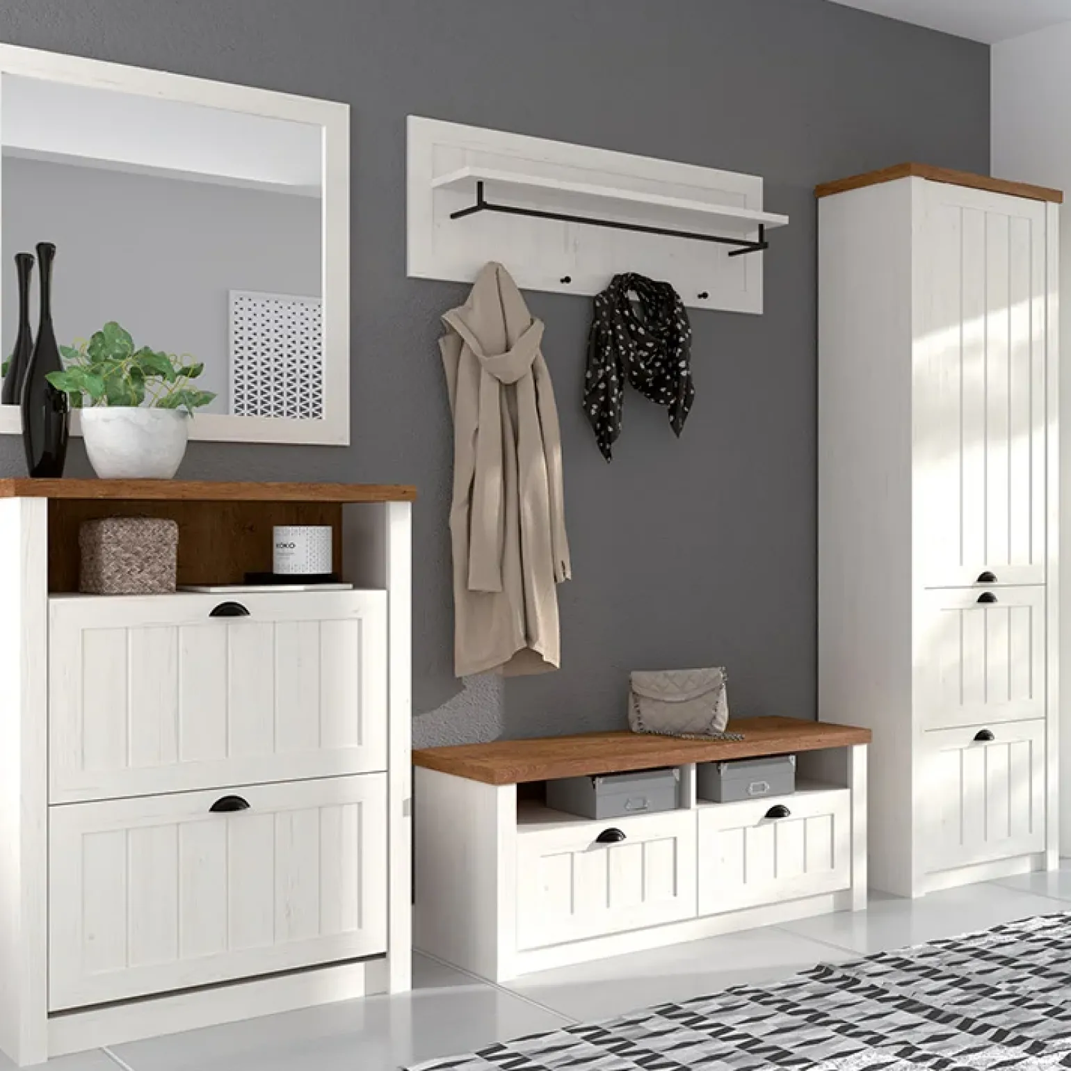 Credenza alta 130x200h cm 3 cassetti con vetrina bianco frassinato rovere Provenza