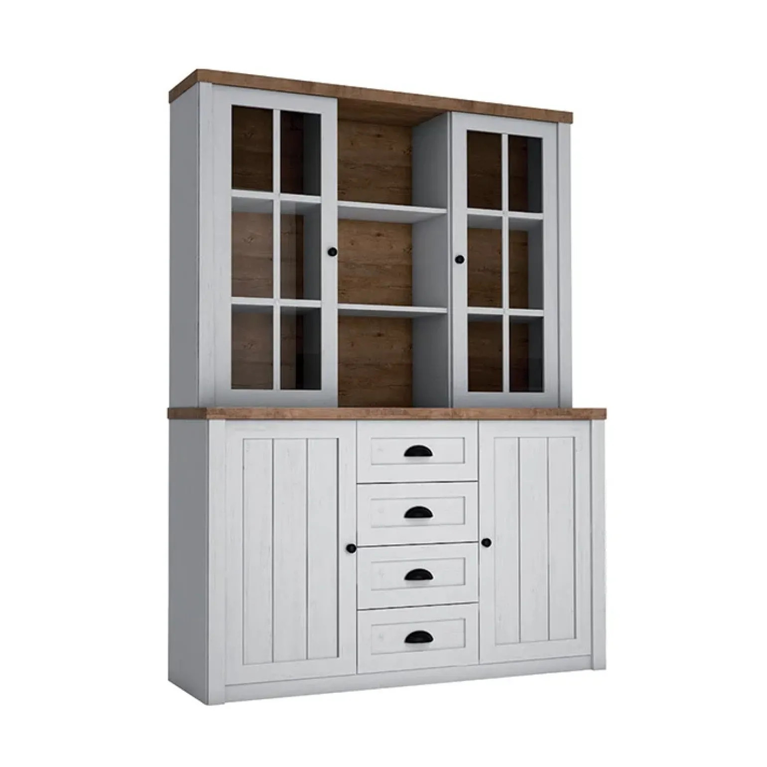 Credenza alta 130x200h cm 4 cassetti con vetrina bianco frassinato rovere Provenza