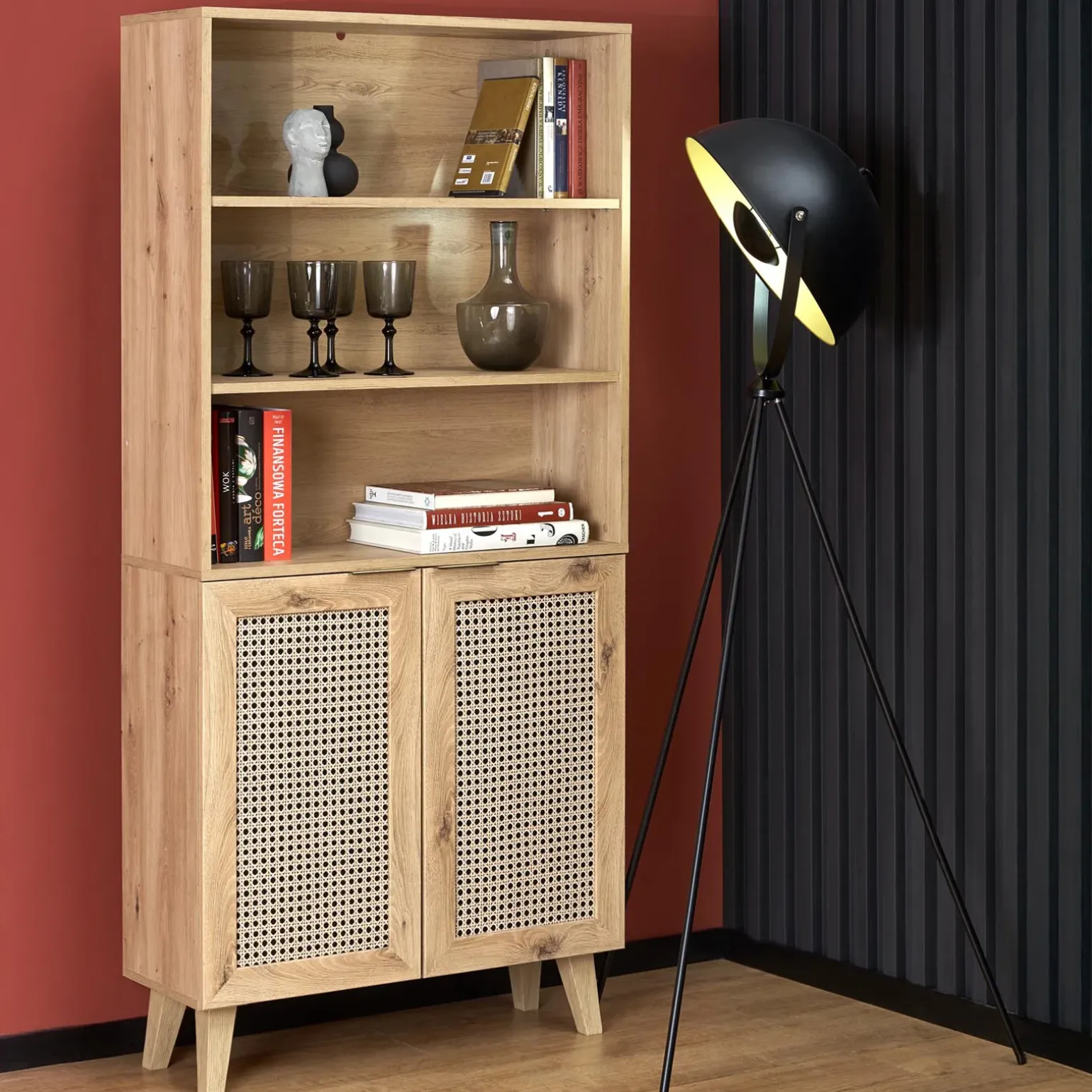 Credenza alta 80x173h cm con libreria 2 ante 3 vani moderna rovere Sombra