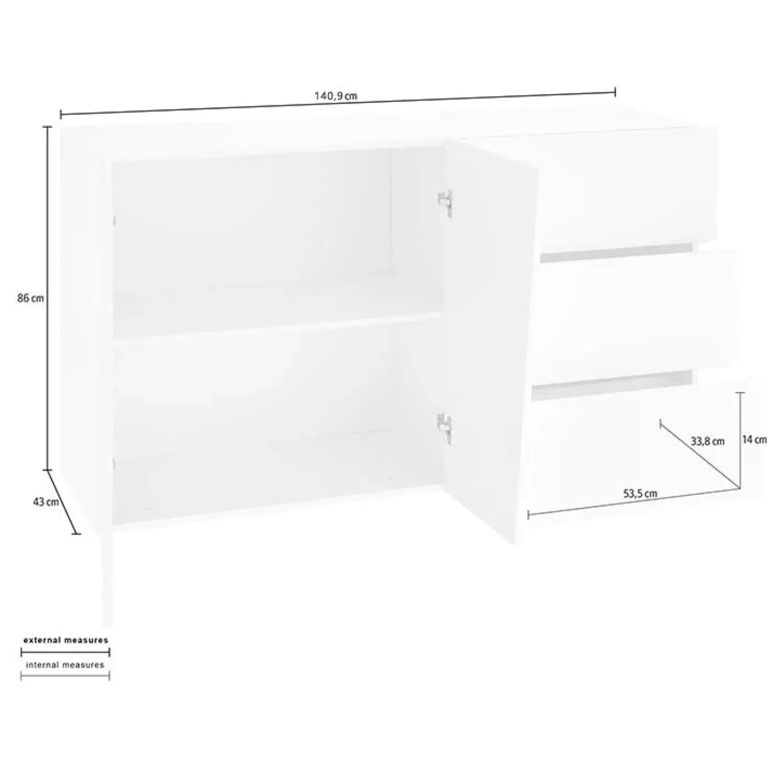 Credenza moderna 140x86h cm 2 ante 3 cassetti bianco lucido Candia Gihome®