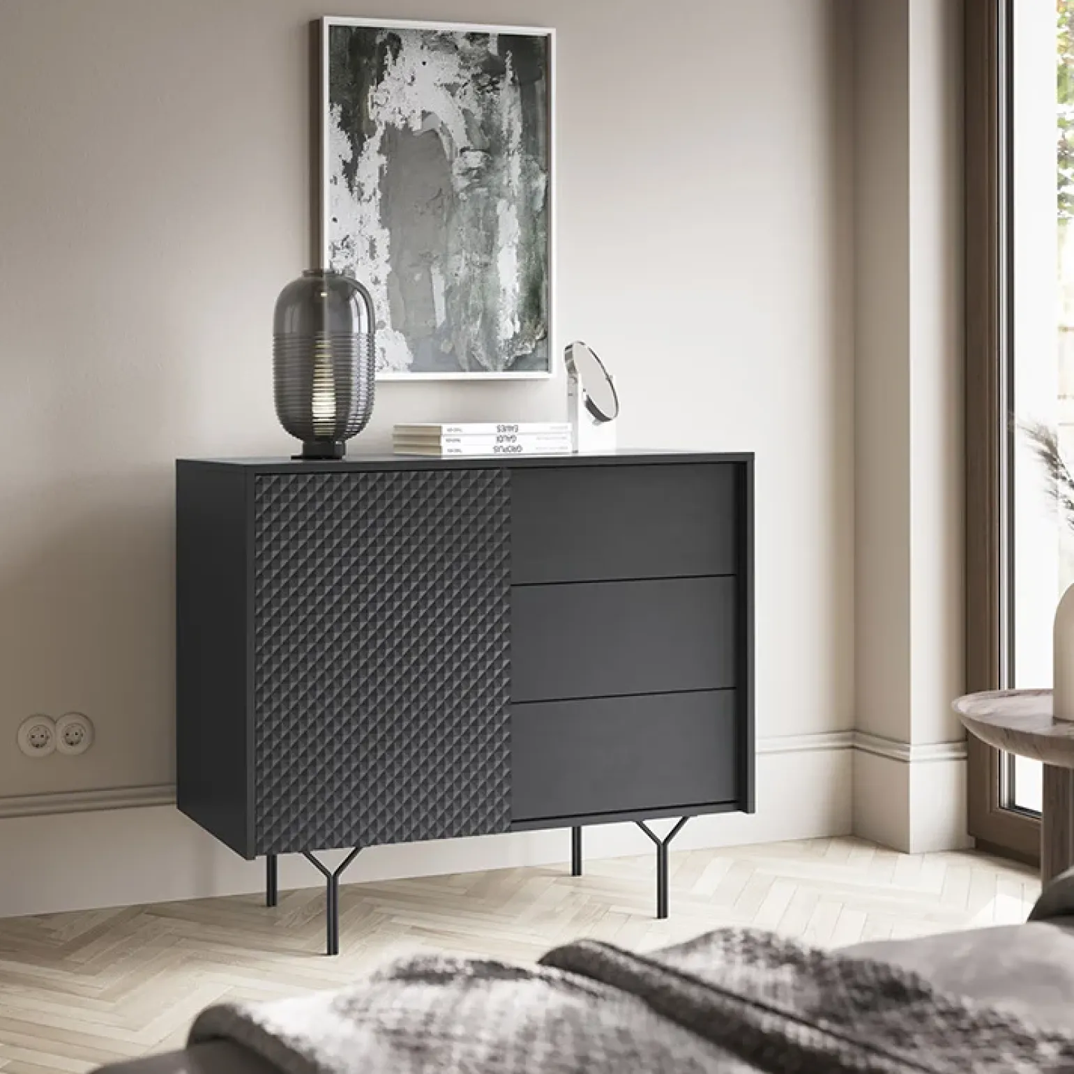 Credenza 97x83h cm 1 anta 3 cassetti moderna antracite frassinato nero Parigi