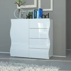 Credenza 90x81h cm 1 anta 4 cassetti soggiorno bianco lucido Sea Gihome®