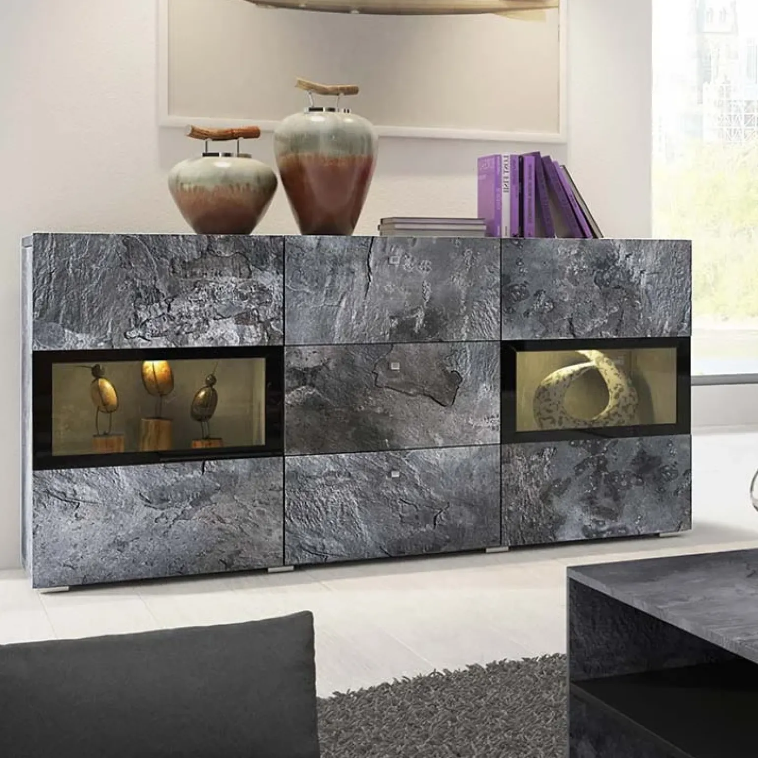 Credenza 132x70h cm 2 ante 3 cassetti moderna ossido nero Emotion Gihome®