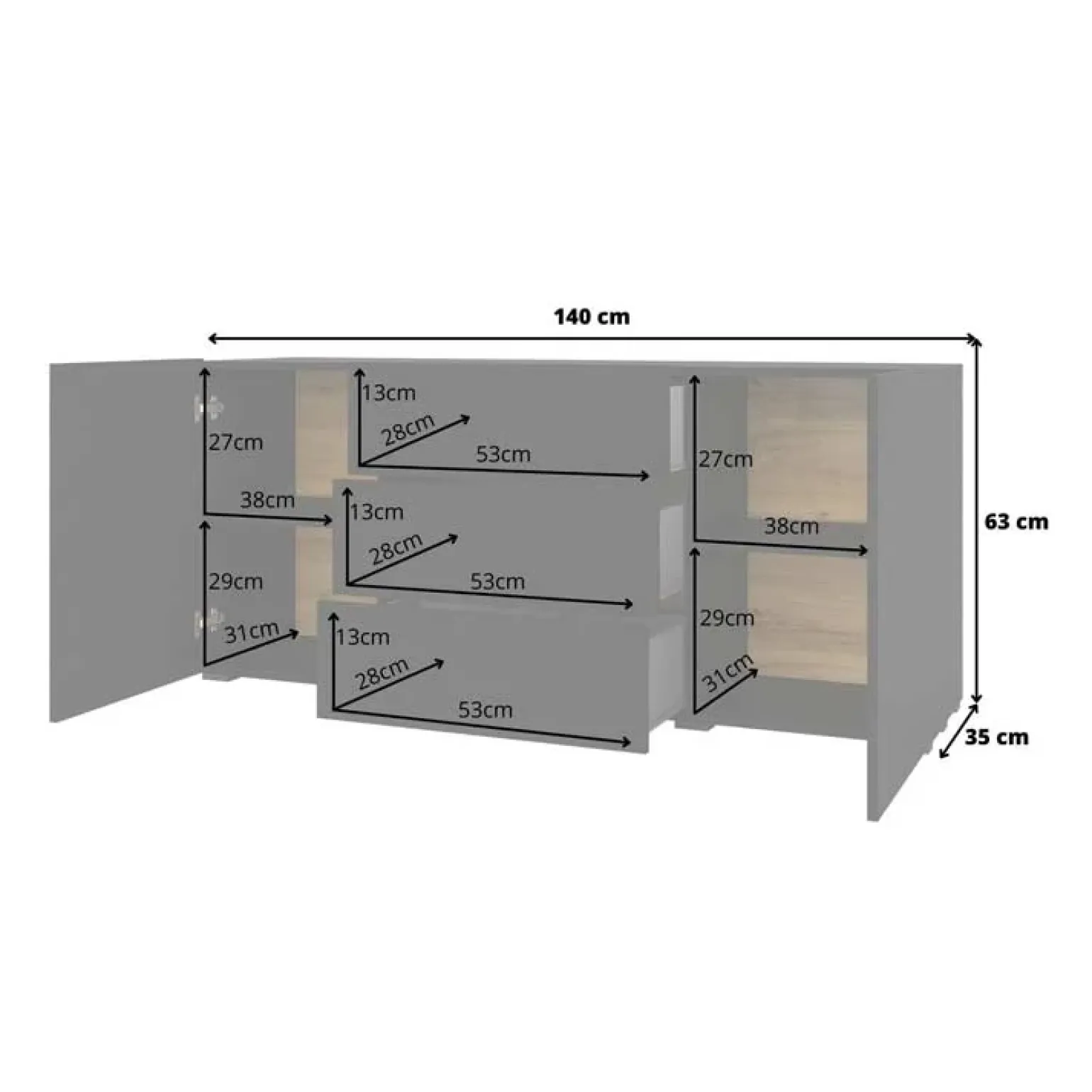 Credenza 140x63h cm 2 ante 3 cassetti moderna soggiorno nero Fusion