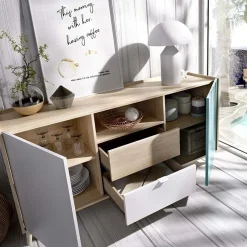 Credenza 155x75h cm 2 ante 2 cassetti rovere grigio bianco petrolio Dominic
