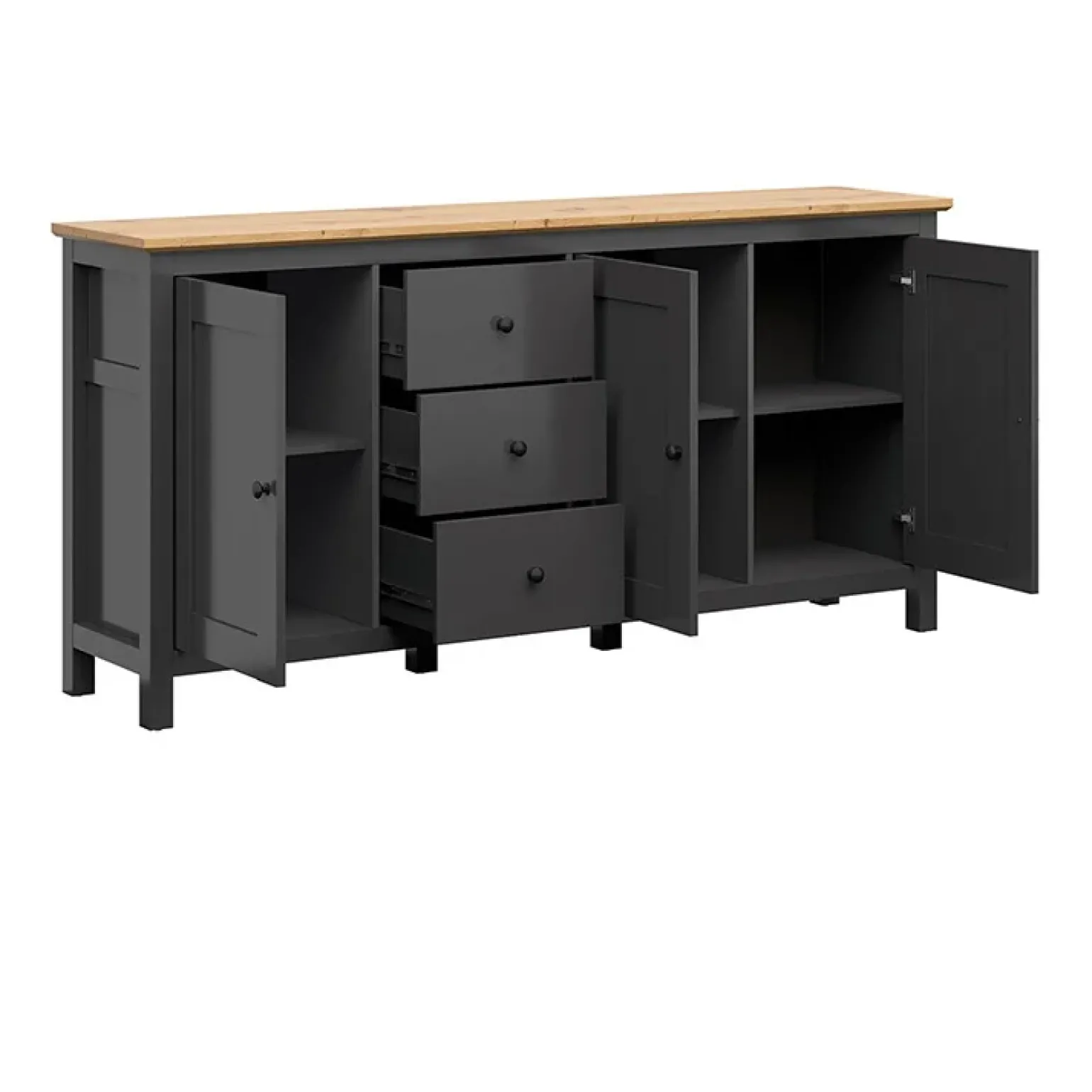 Credenza 199x96h cm 3 ante 3 cassetti nero grafite rovere chiaro Holga