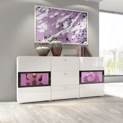 Credenza 132x70h cm 2 ante 3 cassetti moderna bianco lucido nero Emotion Gihome®