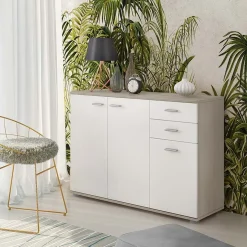 Credenza 103x74h cm 3 ante 2 cassetti moderna rovere bianco Ajed