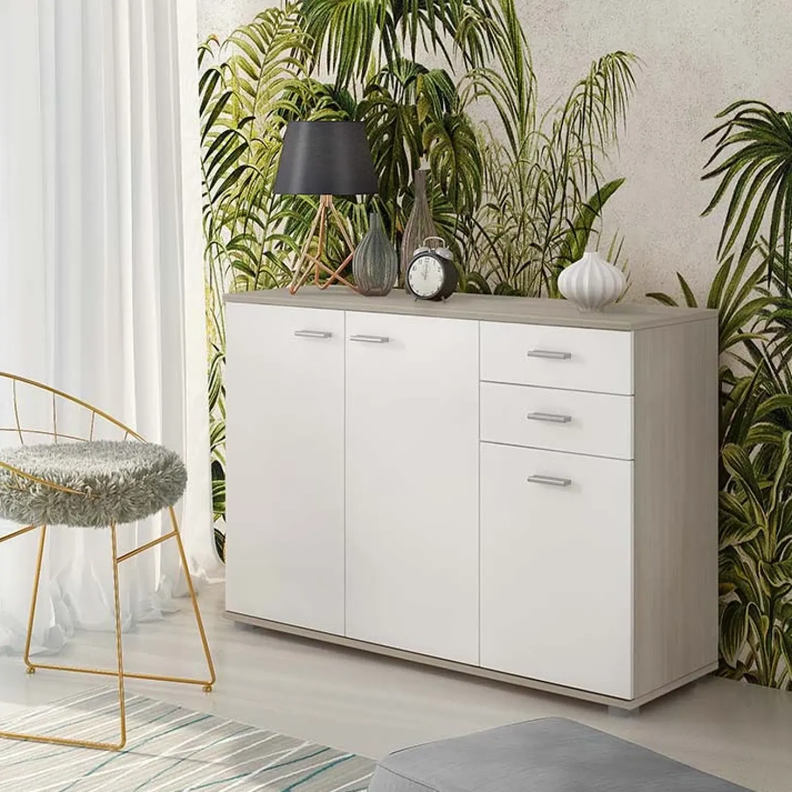 Credenza 103x74h cm 3 ante 2 cassetti moderna rovere bianco Ajed