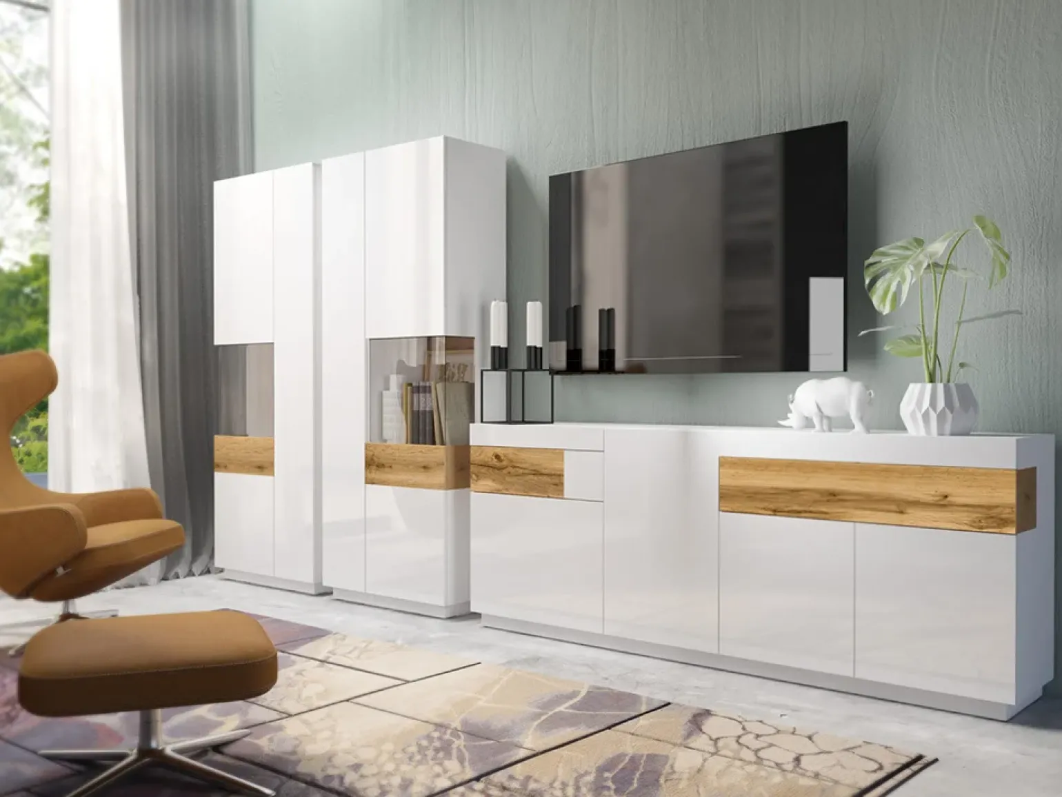Credenza 219x85h cm 4 ante 2 cassetti bianco lucido rovere Bahama