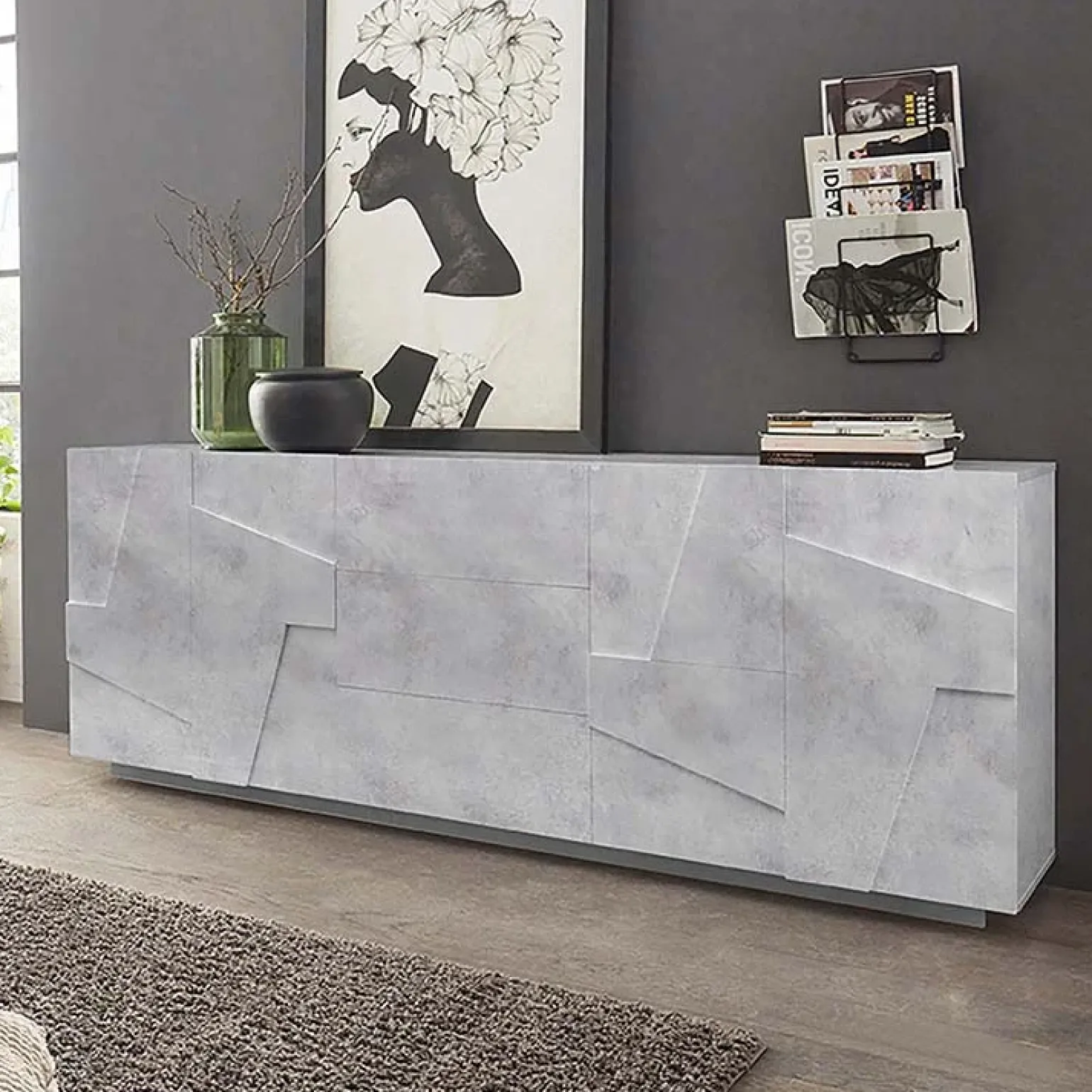 Credenza 224x86h cm 4 ante 3 cassetti moderna cemento Zenzero Gihome®