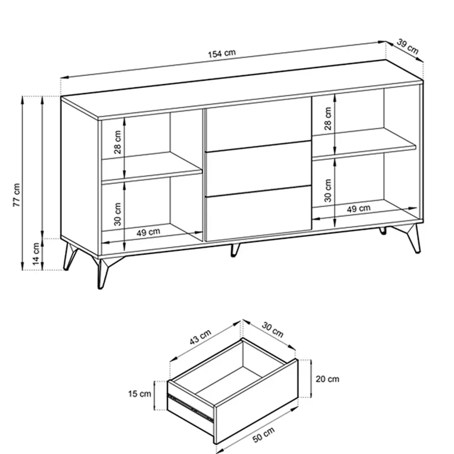 Credenza 154x77h cm 2 ante 3 cassetti moderna quercia nero Becca