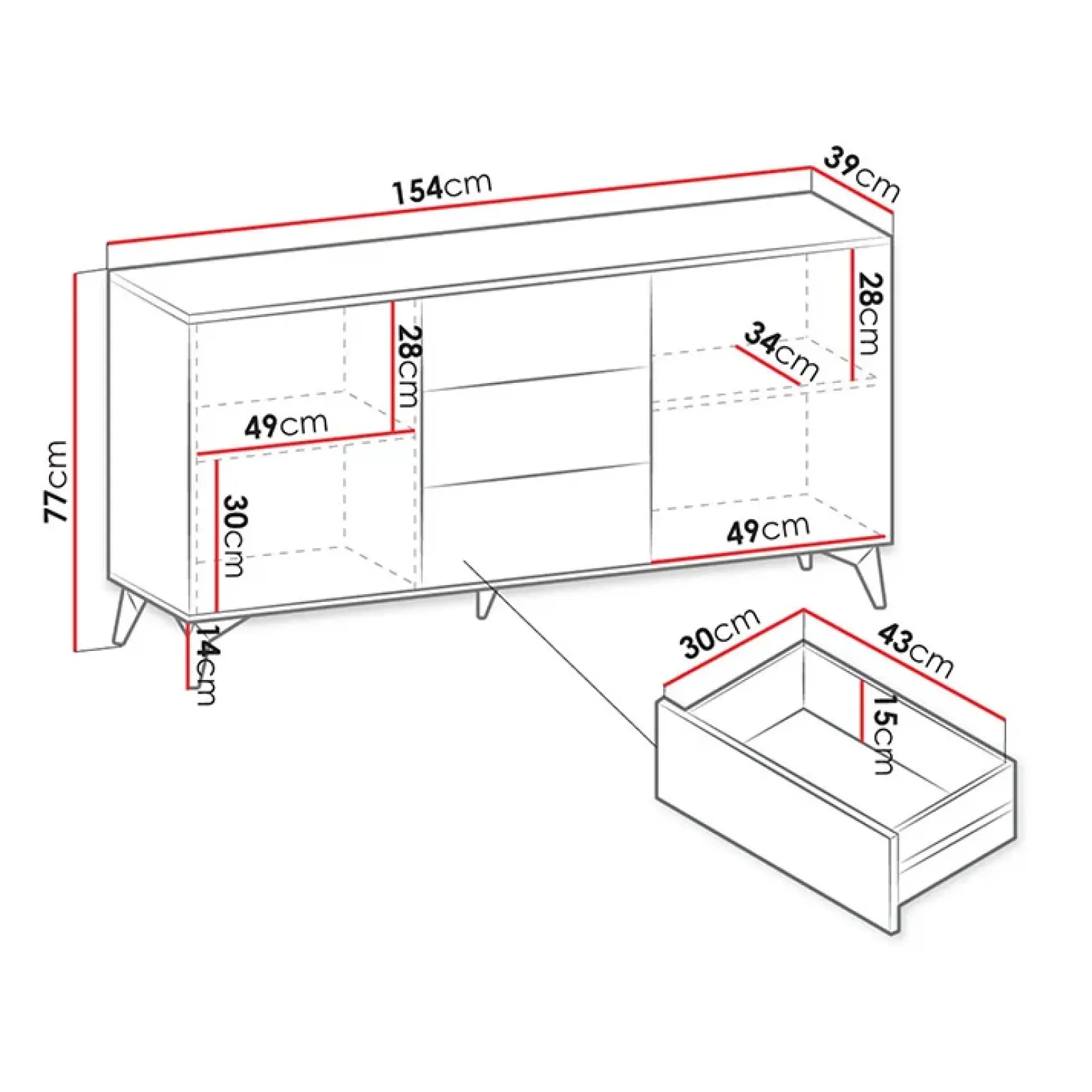 Credenza 154x77h cm 2 ante 3 cassetti moderna quercia nero Becca