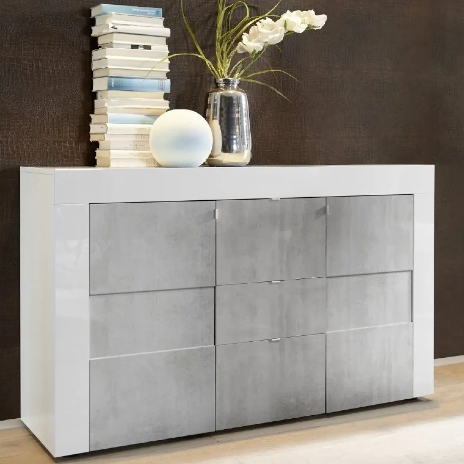Credenza 138x84h cm 2 ante 3 cassetti bianco e cemento Easy