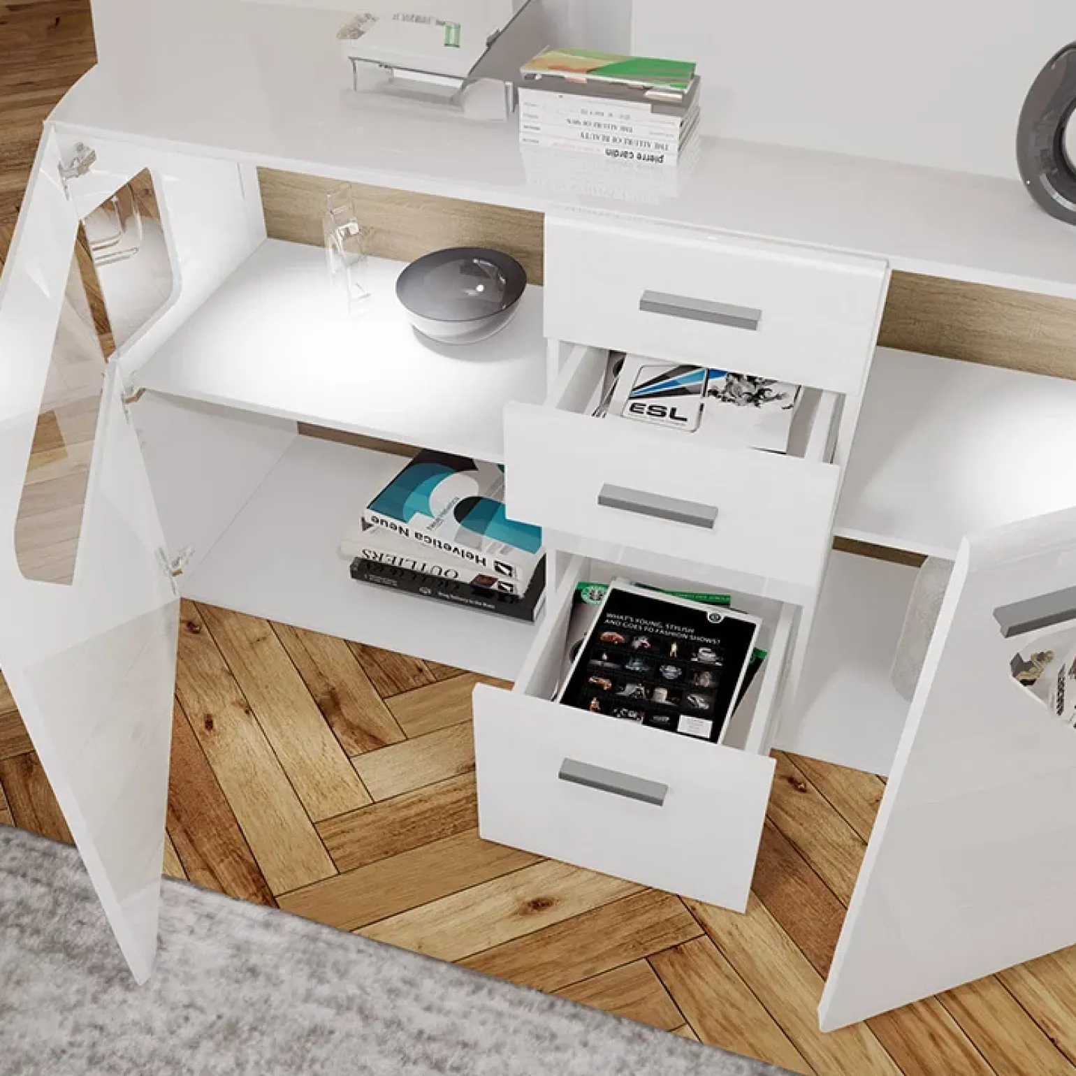 Credenza 180x81h cm 2 ante 4 cassetti bianco lucido Biancaneve