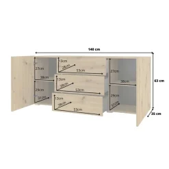 Credenza 140x63h cm 2 ante 3 cassetti moderna rovere opaco Fusion