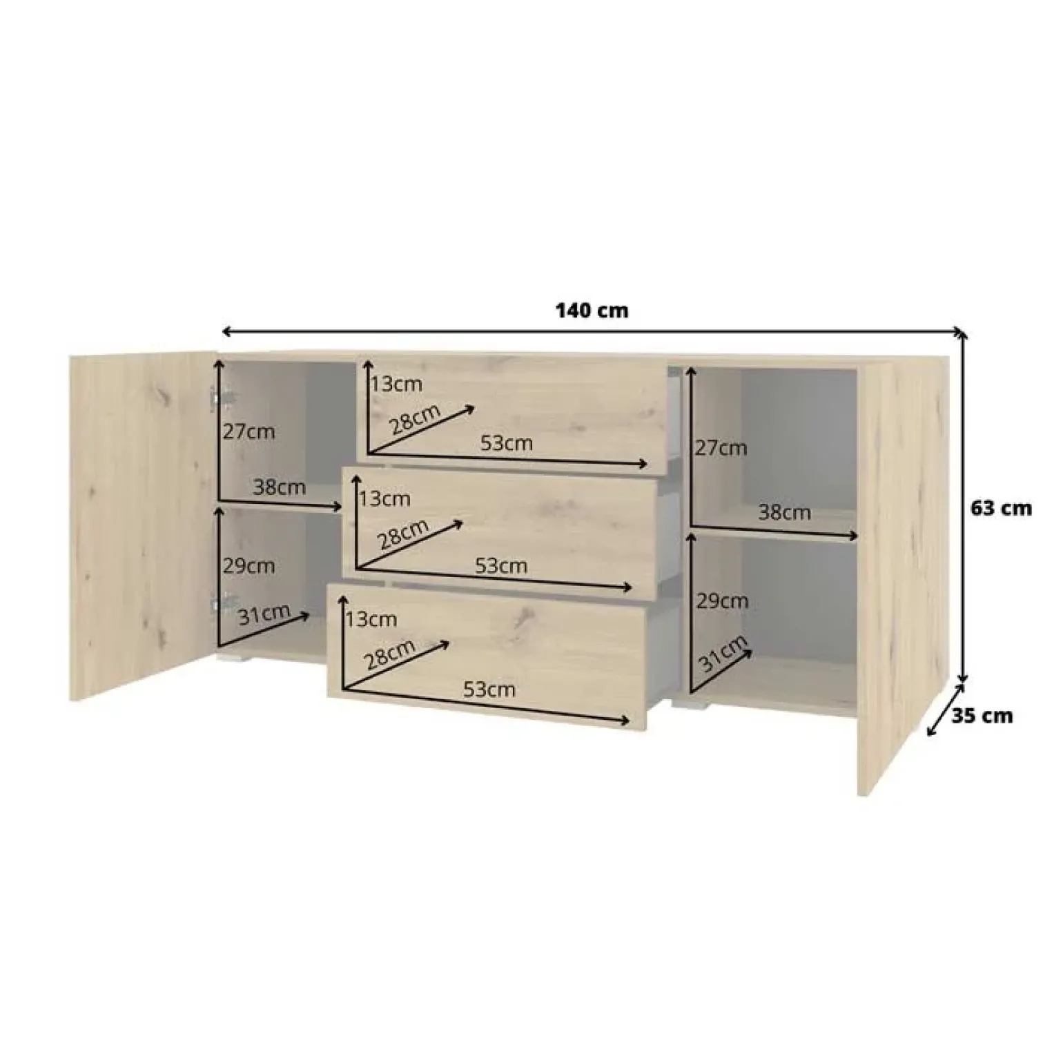 Credenza 140x63h cm 2 ante 3 cassetti moderna rovere opaco Fusion