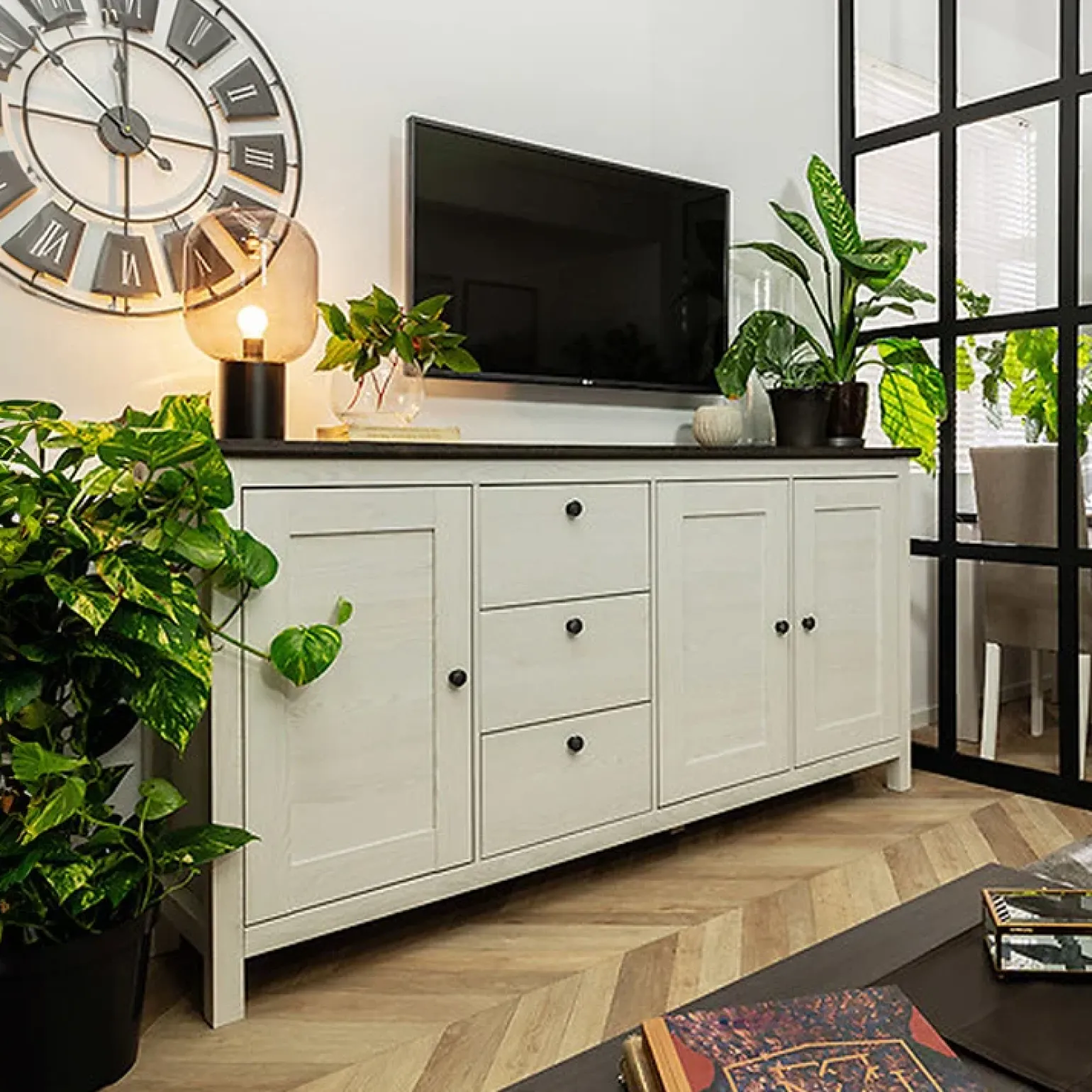 Credenza 199x96h cm 3 ante 3 cassetti arte povera pino bianco frassinato grafite Holga