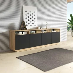 Credenza 238x75h cm 4 ante 4 vani a giorno moderna nero opaco rovere Esmond
