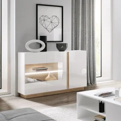 Credenza 138x91h cm 3 ante con vetrina moderna bianco rovere Noa Gihome®