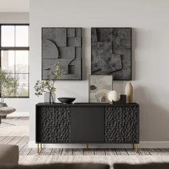 Credenza 155x73h cm 3 ante moderna soggiorno nero oro Osaka