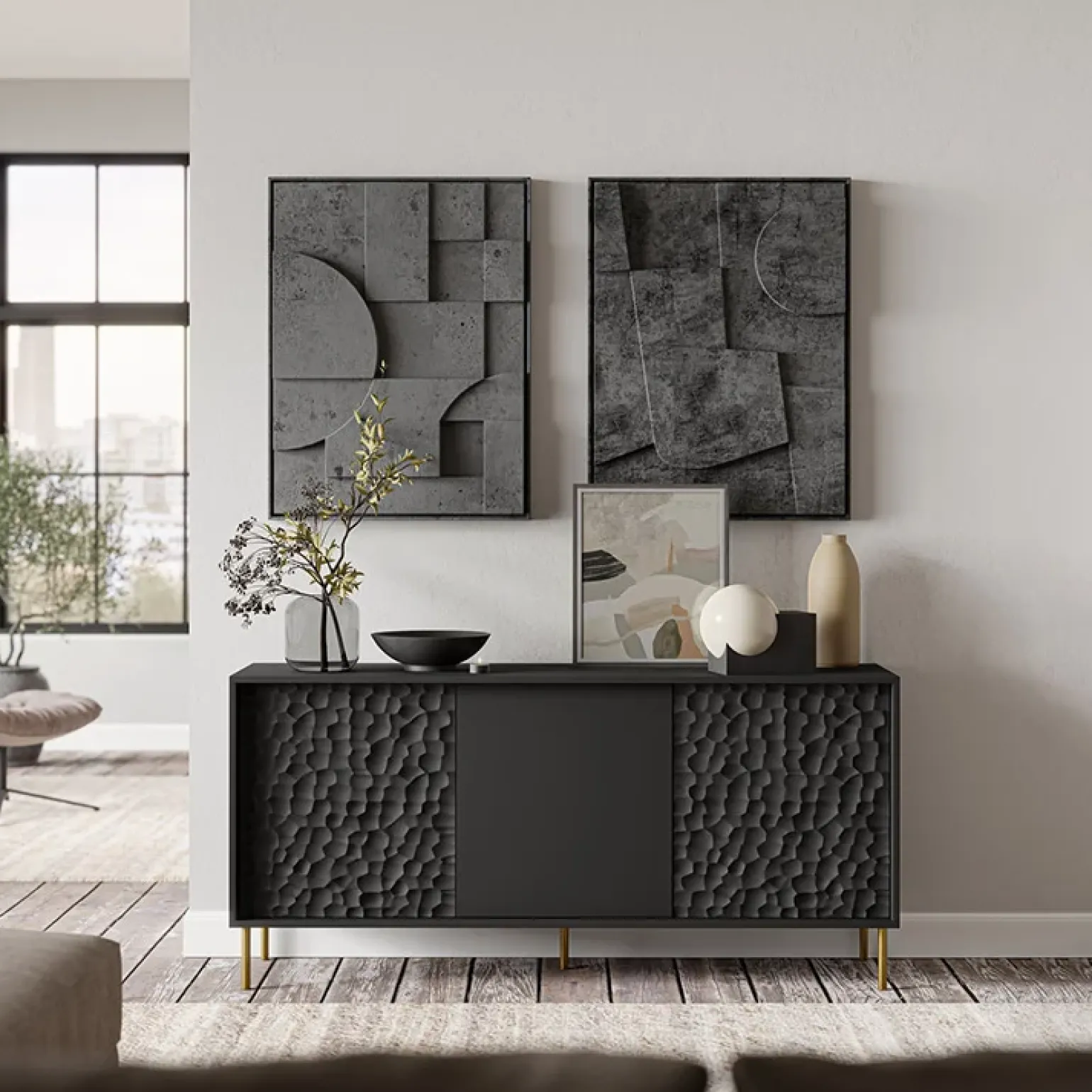 Credenza 155x73h cm 3 ante moderna soggiorno nero oro Osaka