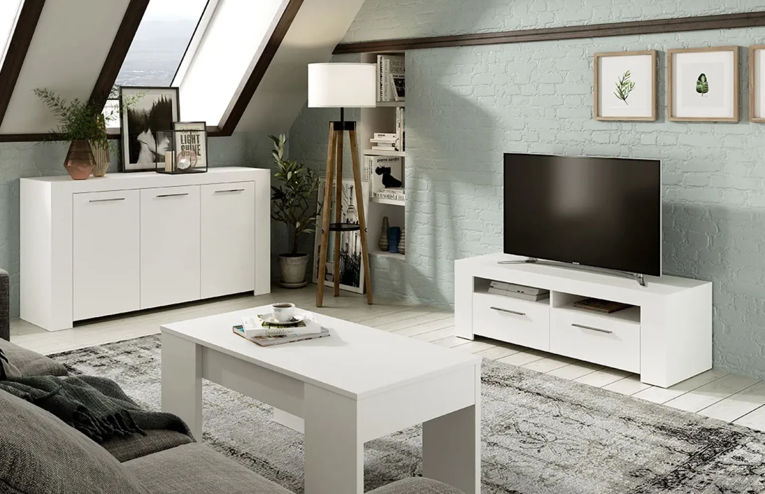 Credenza 144x80h cm 3 ante moderna soggiorno bianco opaco Creta
