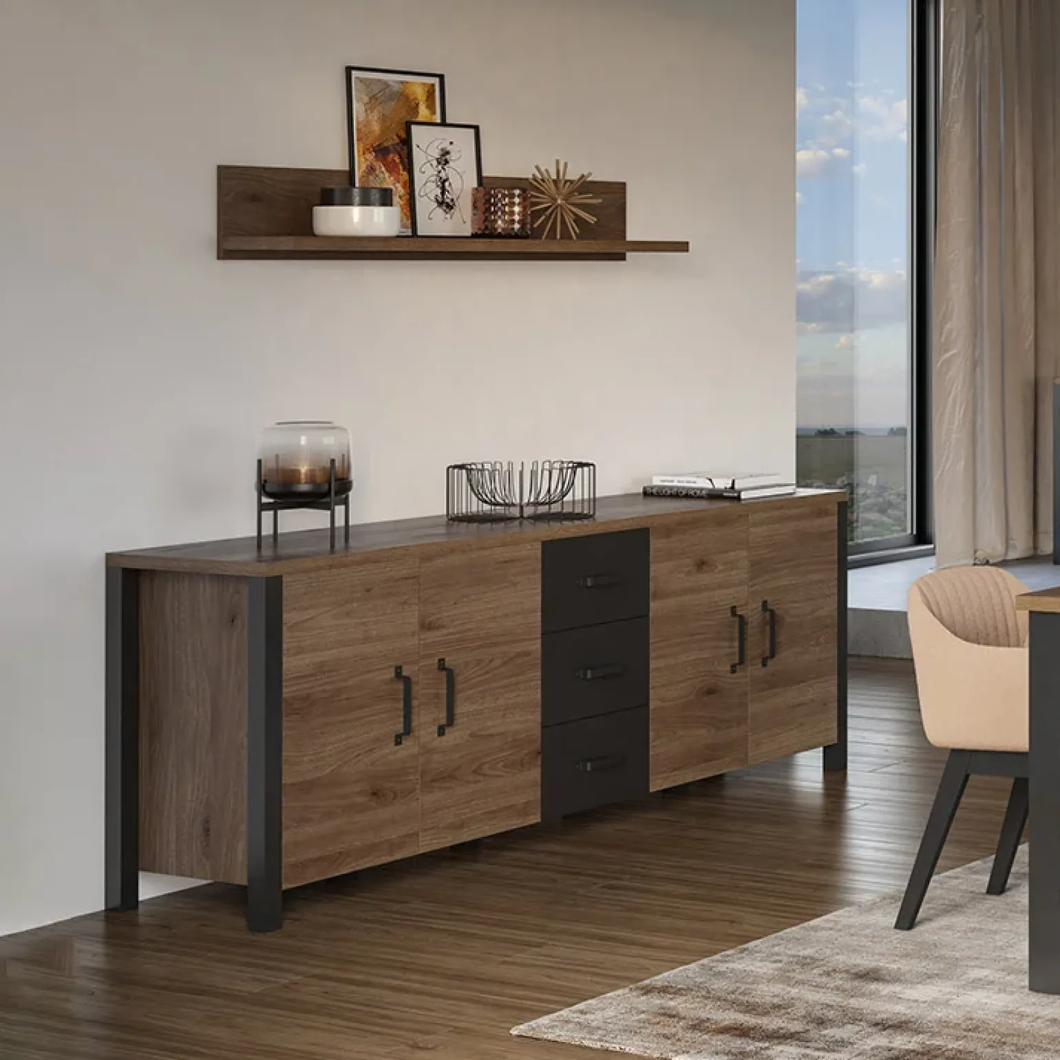 Credenza 220x79h cm 4 ante moderna rovere scuro nero Nebraska