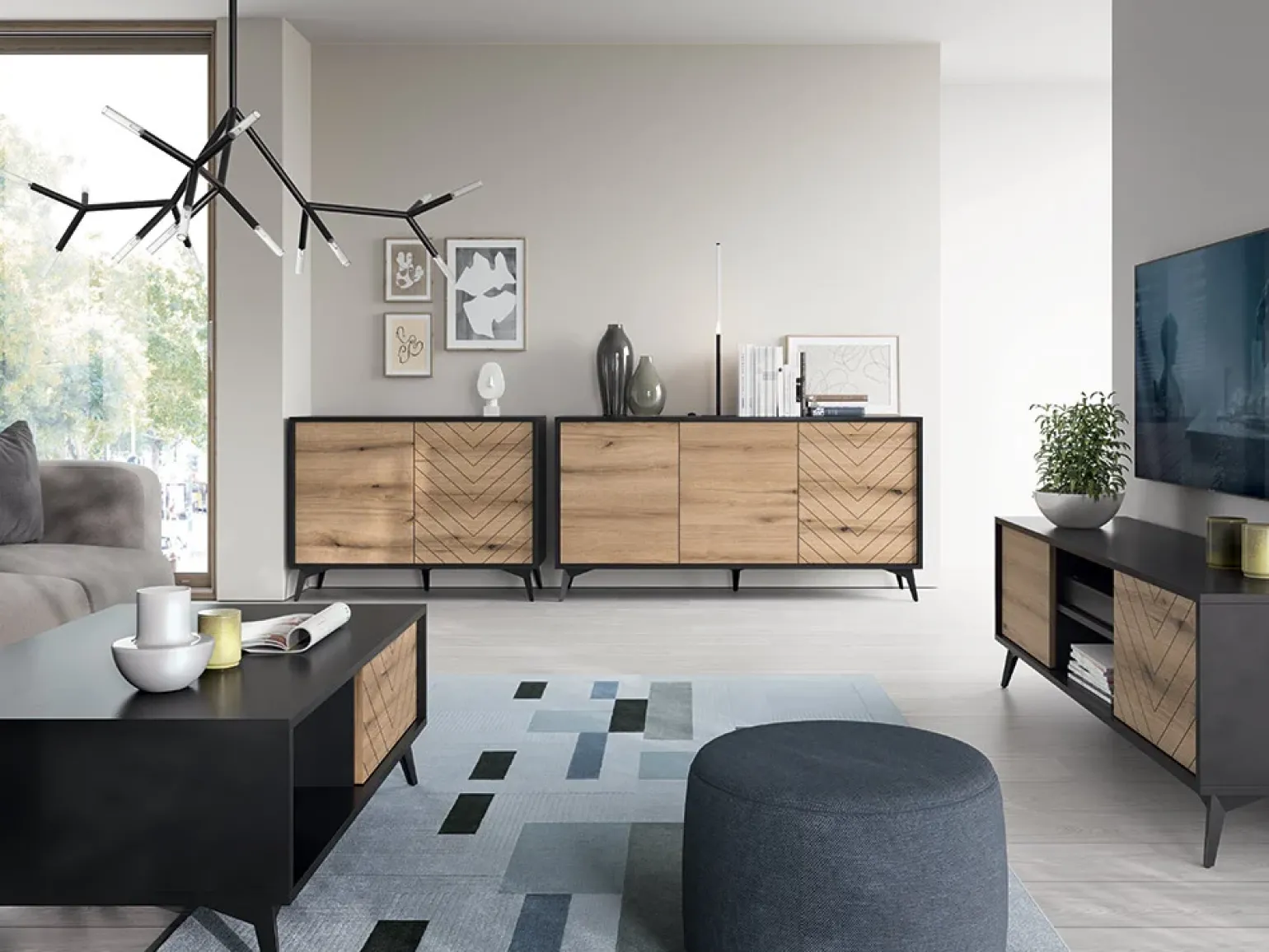 Credenza 104x77h cm 2 ante moderna soggiorno quercia nero Becca