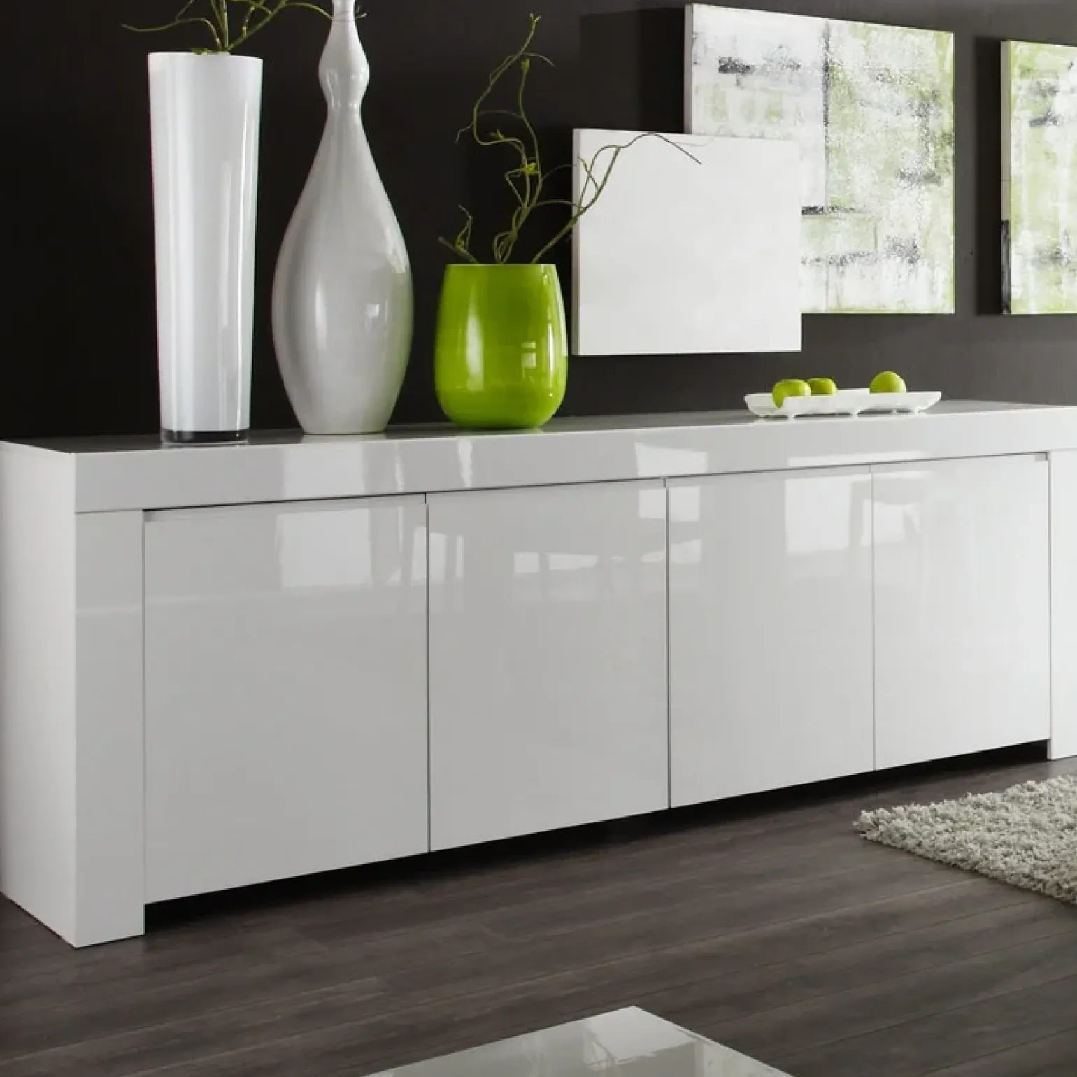 Credenza 210x82h cm 4 ante moderna bianco lucido Essential