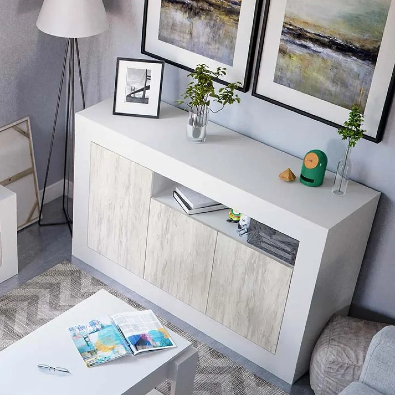 Credenza 144x87h cm 3 ante moderna soggiorno bianco artico Atene