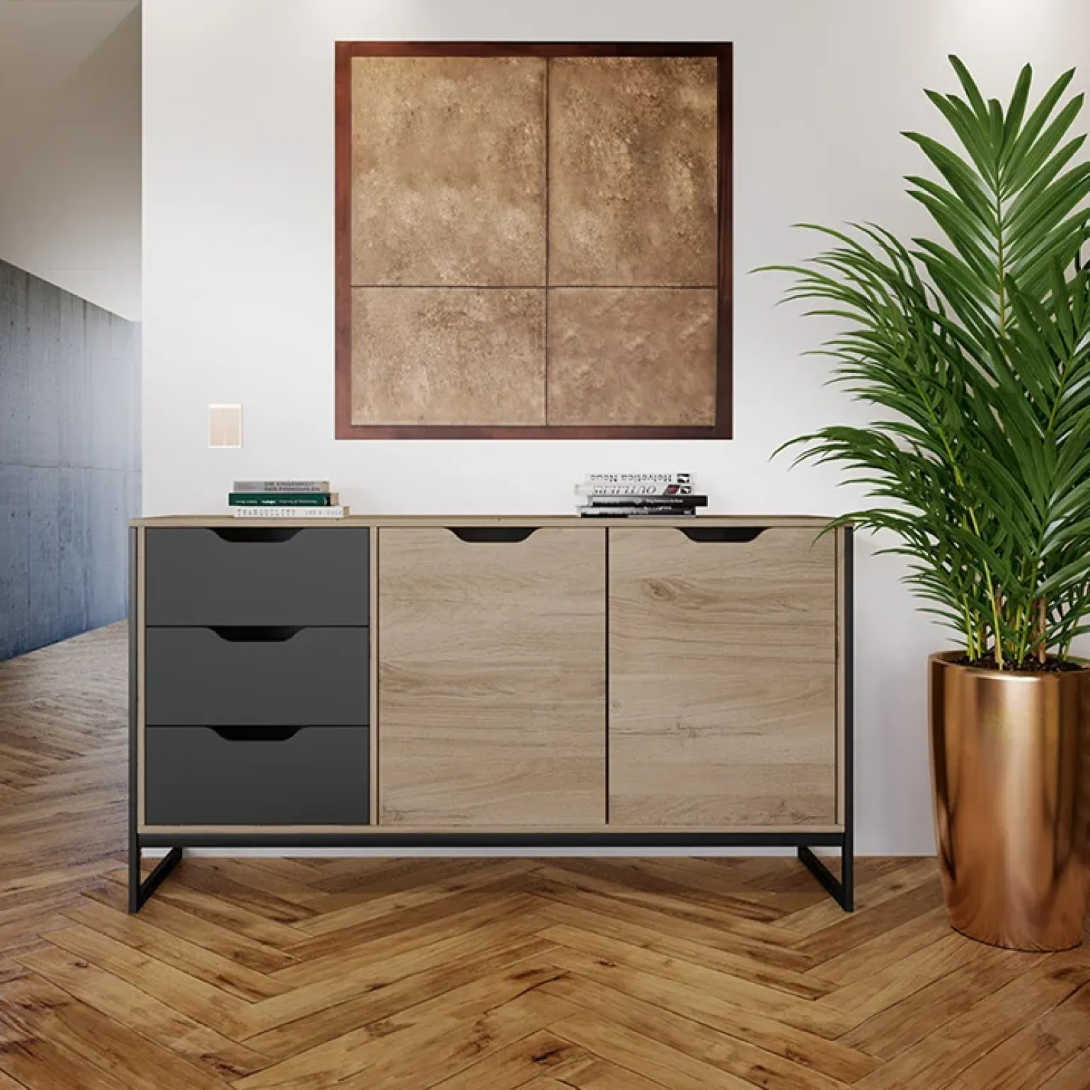 Credenza 160x80h cm 3 cassetti 2 ante rovere sonoma grafite Pollino