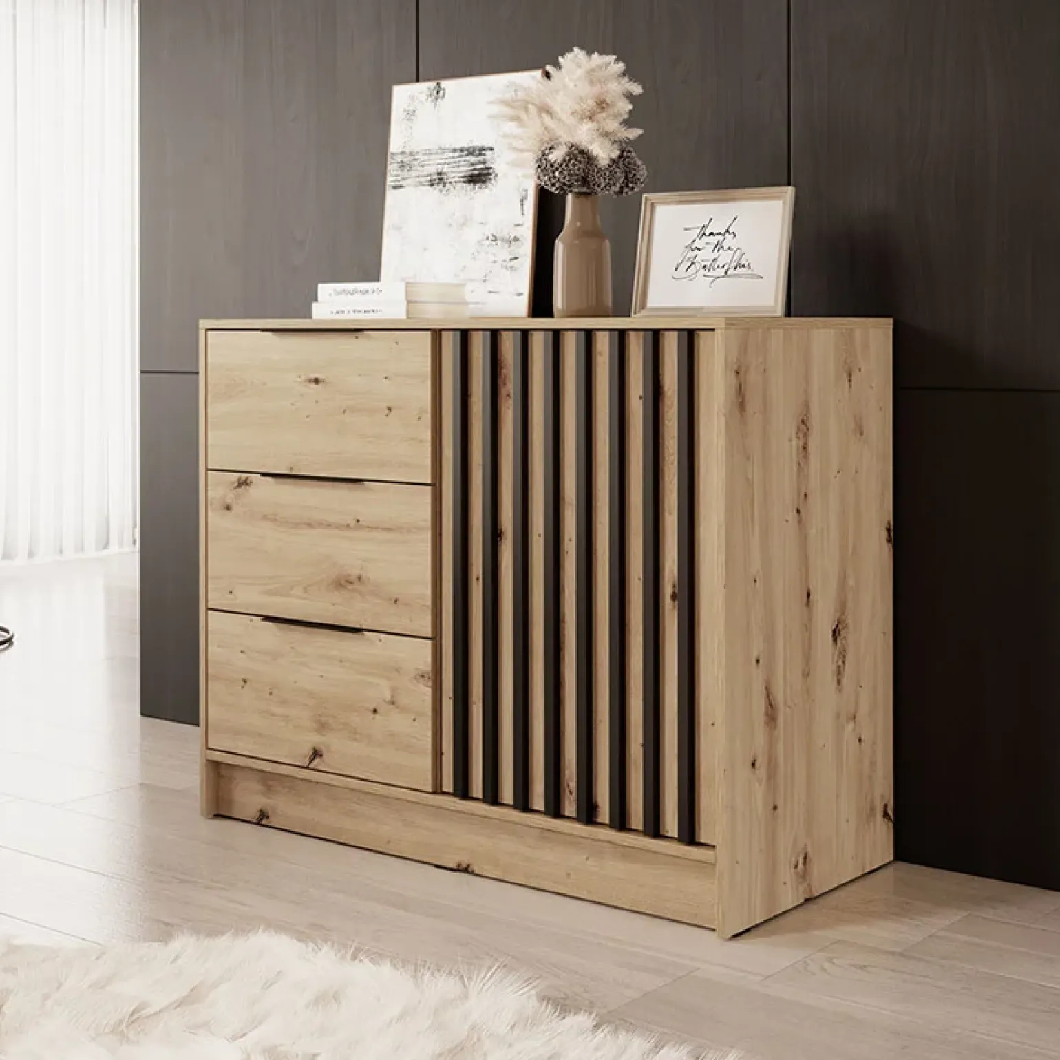 Credenza 105x86h cm 3 cassetti moderna quercia nero Miller