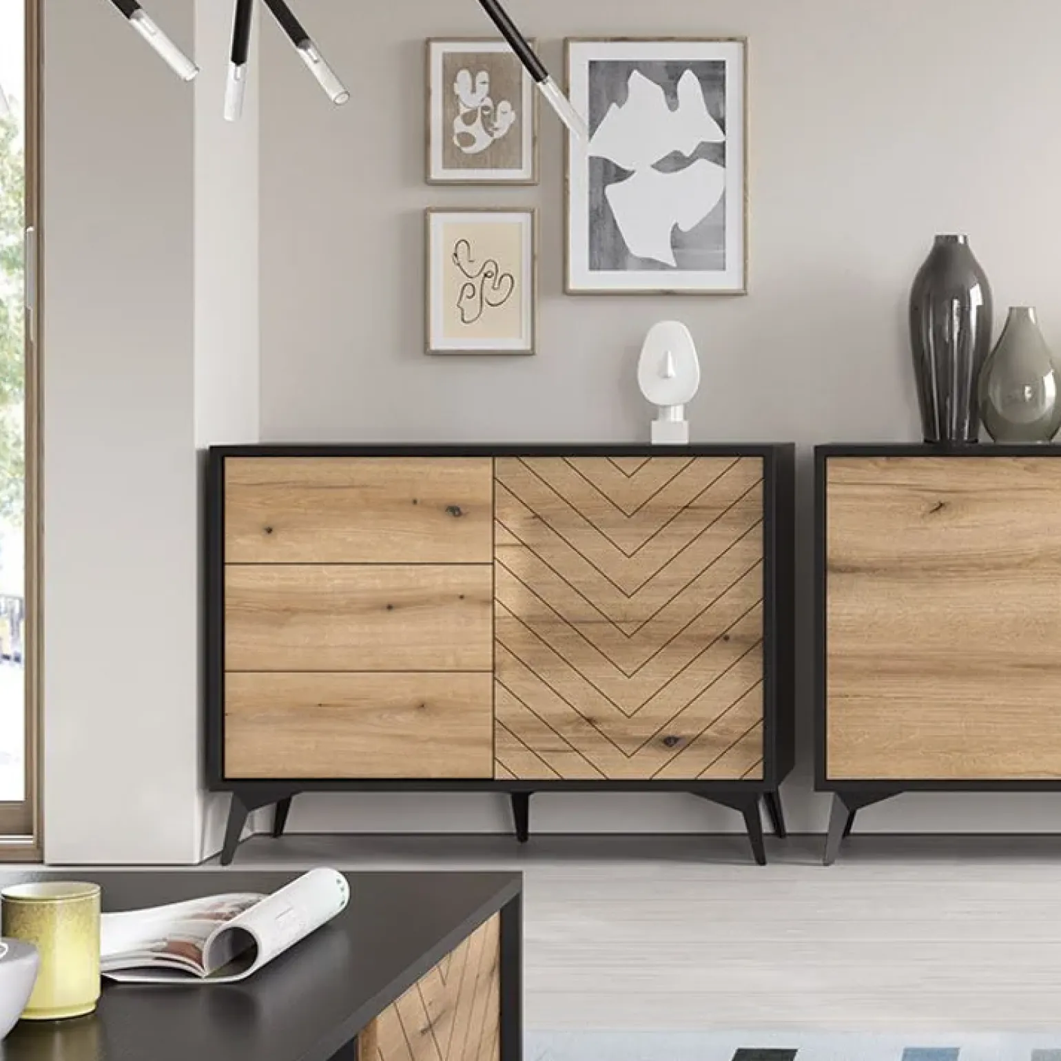 Credenza 104x77h cm 3 cassetti moderna soggiorno quercia nero Becca