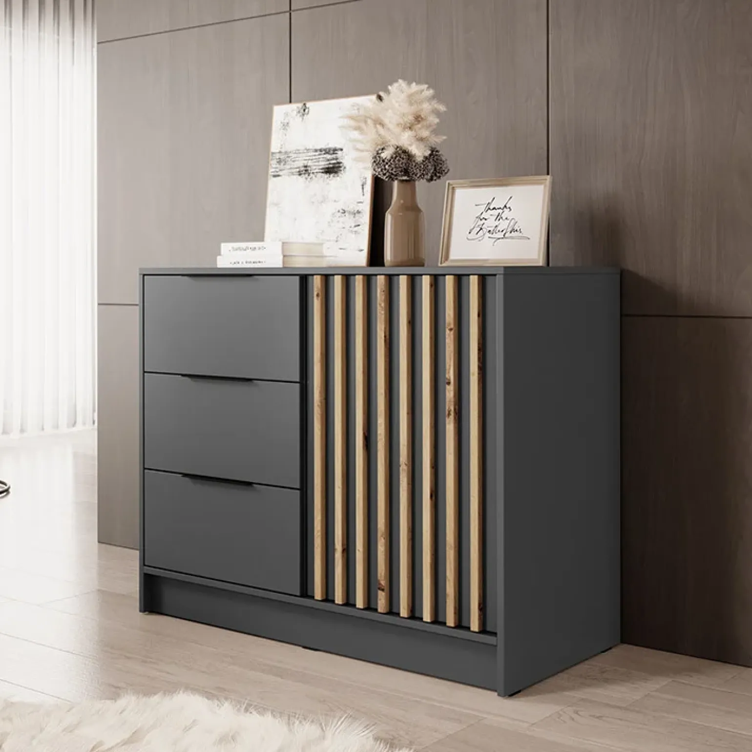 Credenza 105x86h cm 3 cassetti moderna antracite quercia Miller