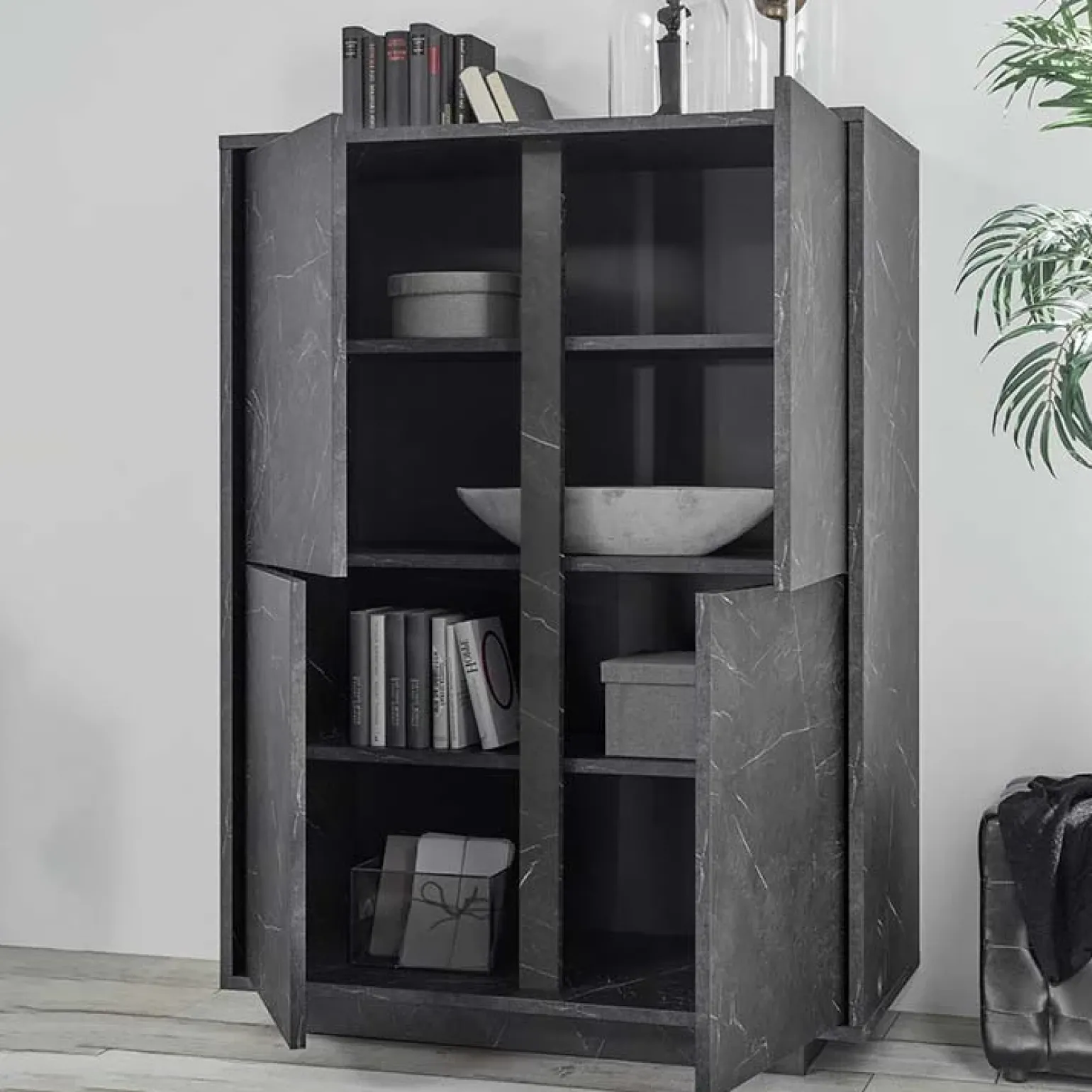 Credenza 92x145h cm alta 4 ante moderna effetto marmo nero Viking