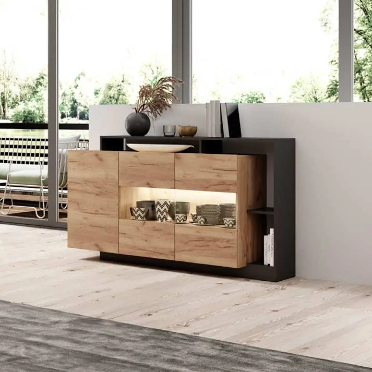 Credenza 155x94h cm con vetrinetta moderna rovere antracite Blob