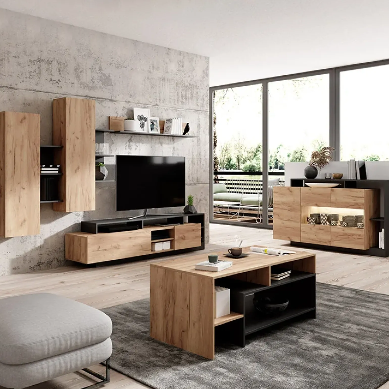Credenza 155x94h cm con vetrinetta moderna rovere antracite Blob