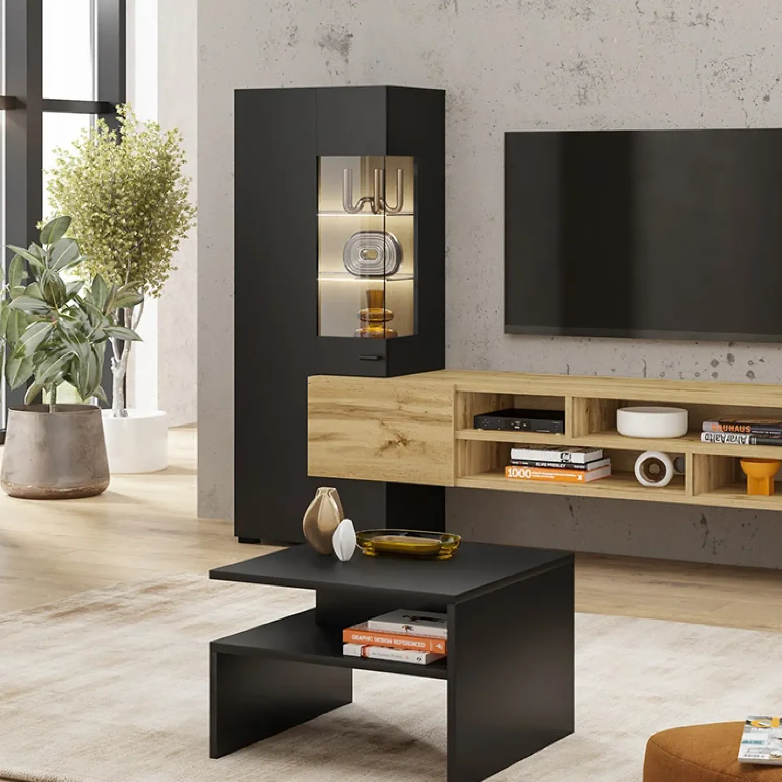 Credenza 165x71h cm moderna nero rovere chiaro Maserati