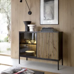 Credenza 104x83h cm moderna soggiorno nero rovere antico cannettato Bali