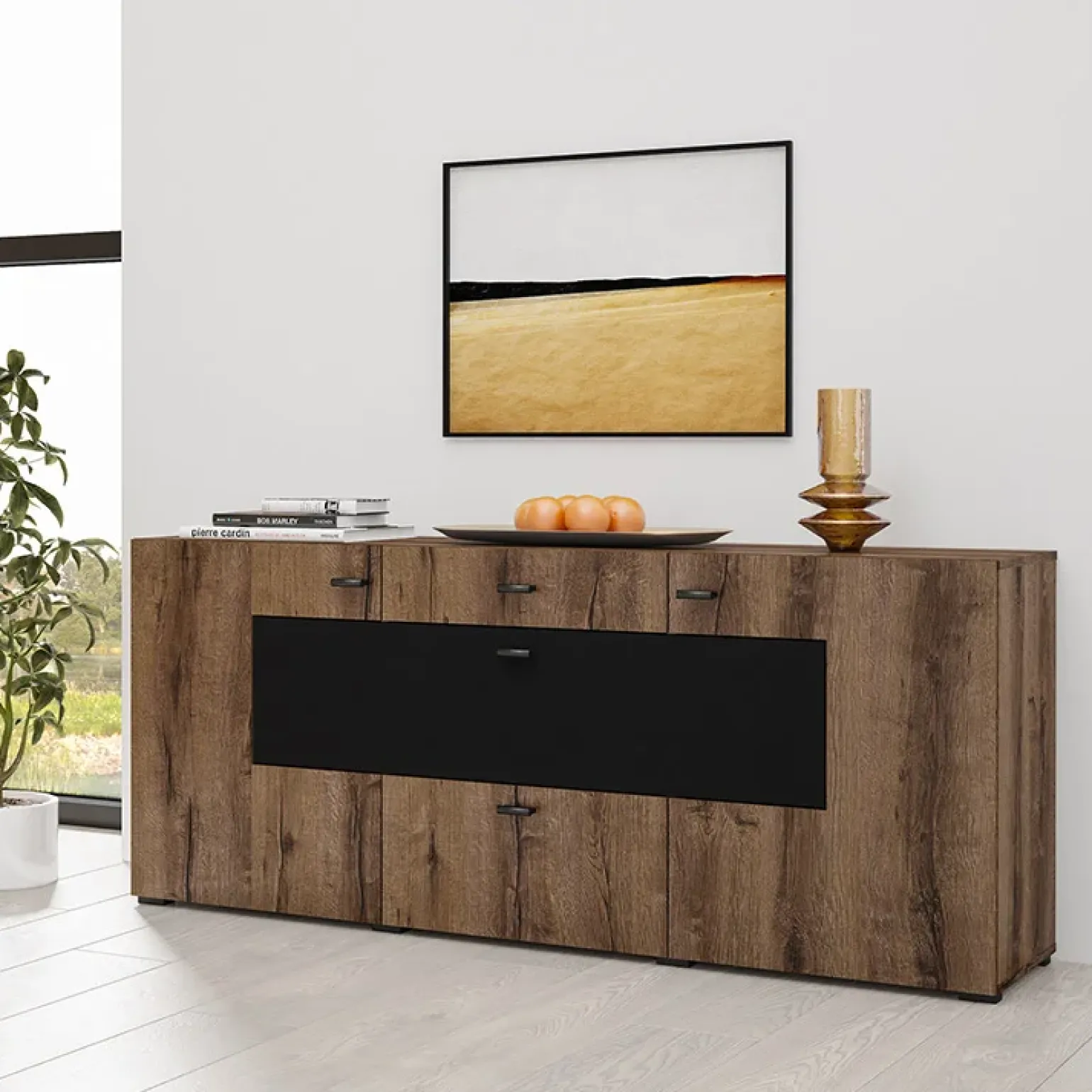 Credenza 165x71h moderna cm rovere scuro nero Maserati