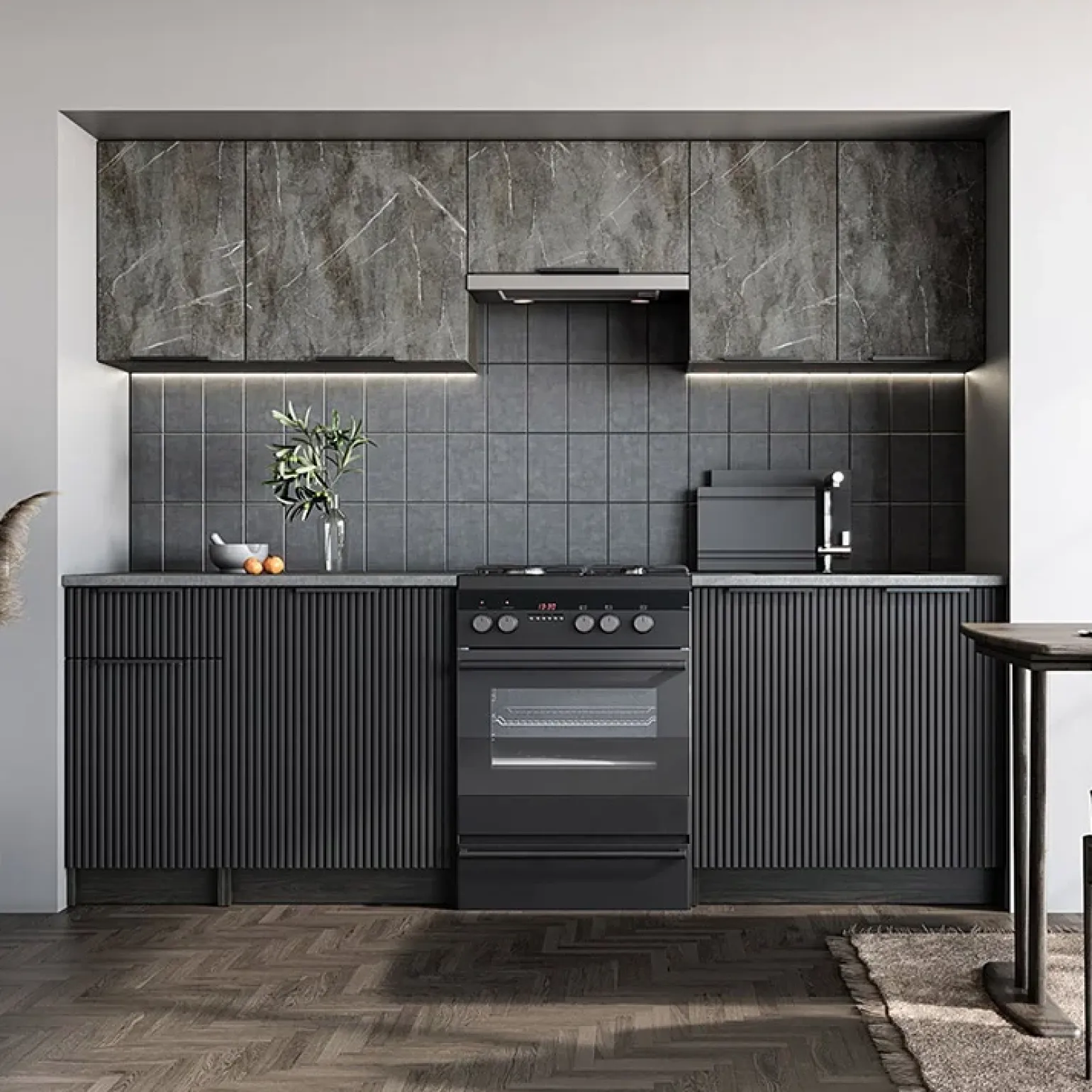 Cucina 240cm completa componibile moderna marmo nero grigio Yangon