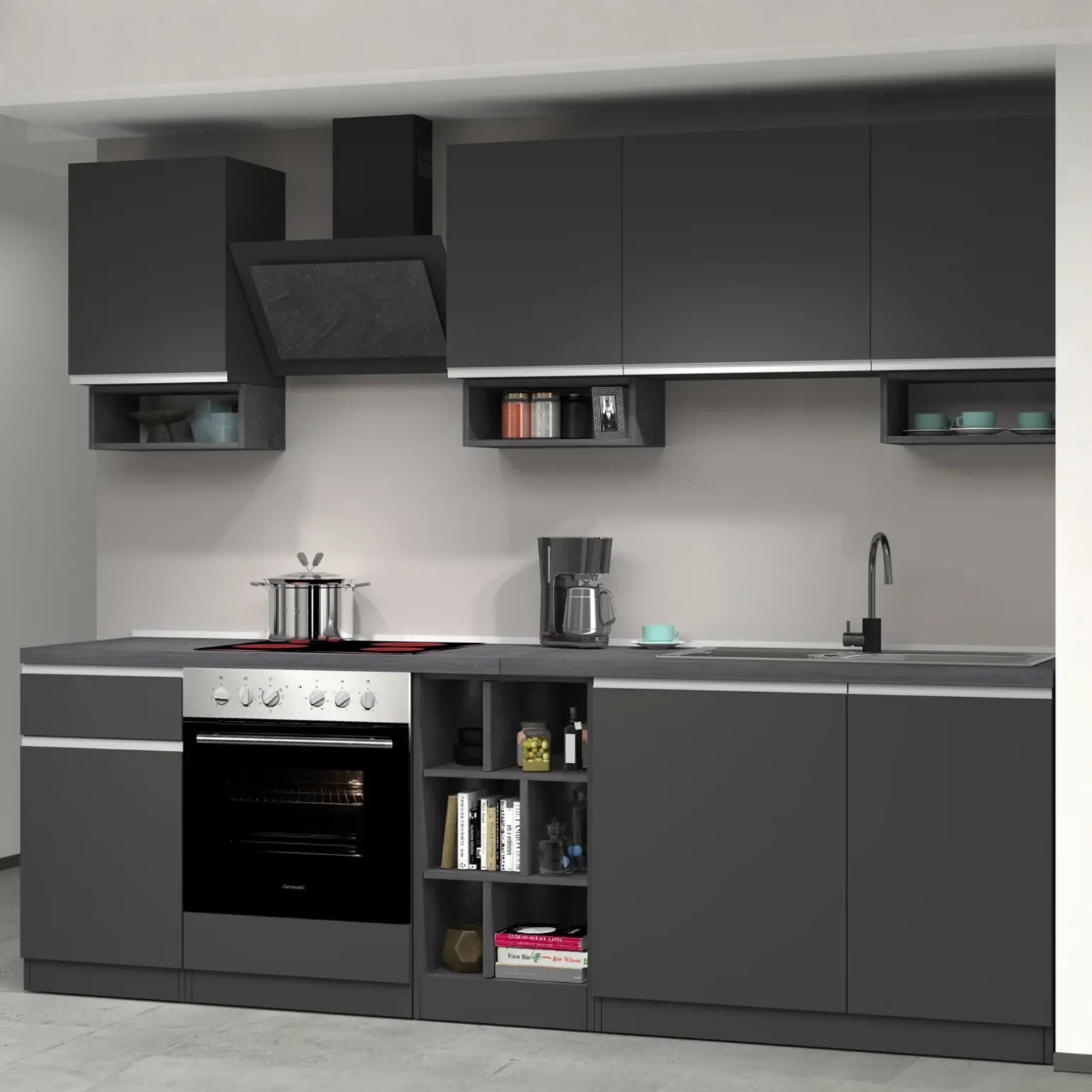 Cucina 255cm componibile lineare moderna antracite grigio pietra Gourmet Elegance