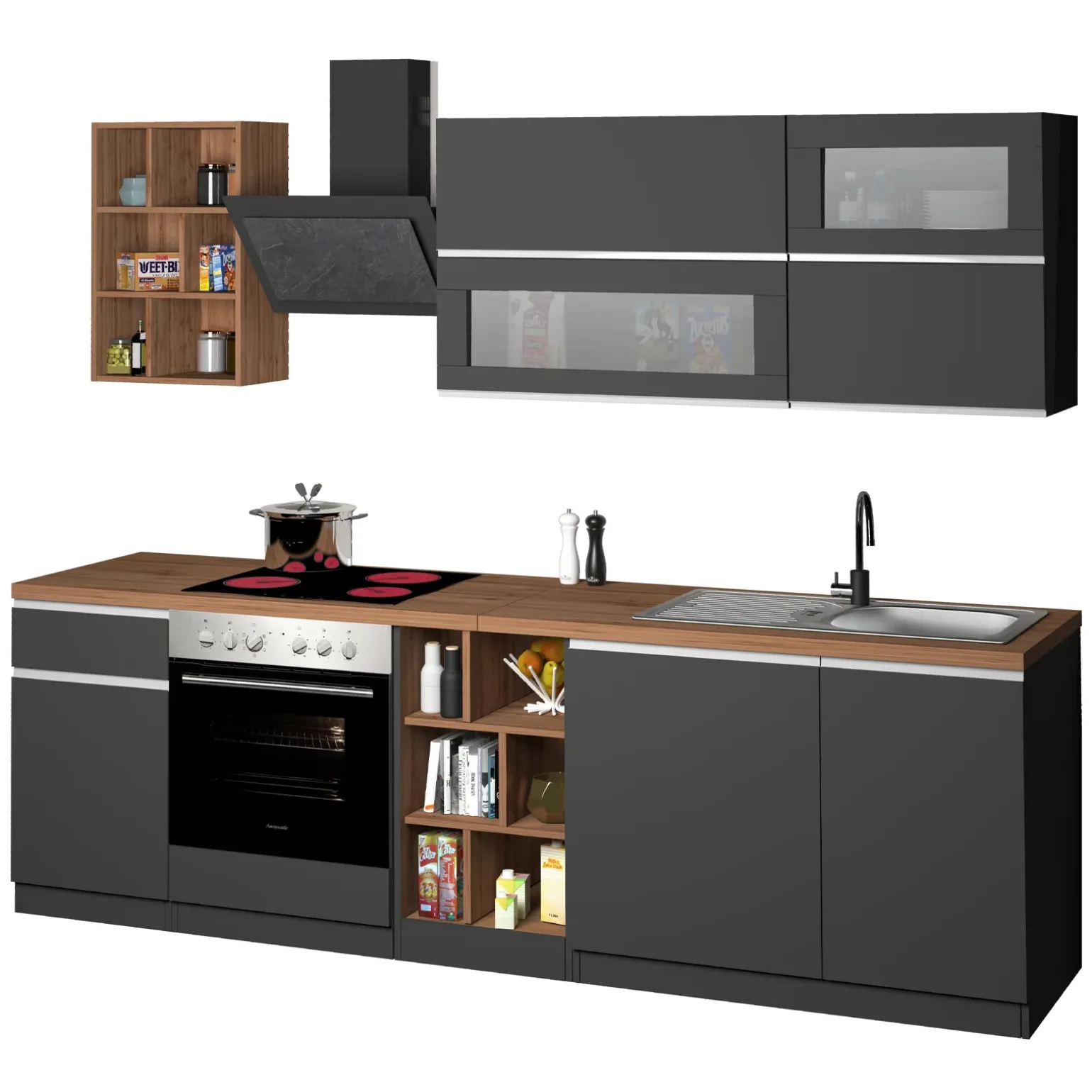 Cucina 255cm componibile lineare moderna antracite rovere Gourmet Prestige