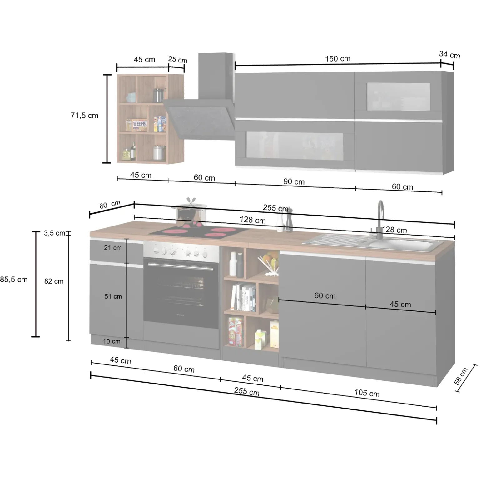 Cucina 255cm componibile lineare moderna antracite grigio pietra Gourmet Prestige
