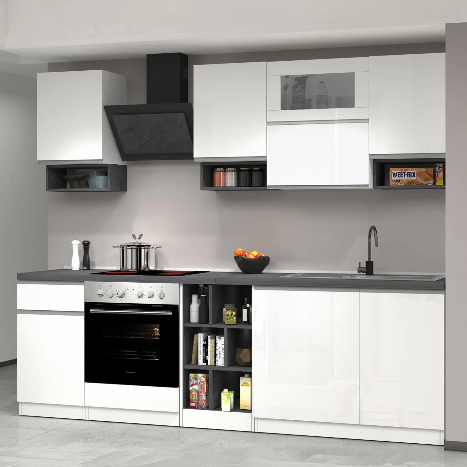 Cucina 255cm componibile lineare moderna bianco grigio pietra Gourmet Pure